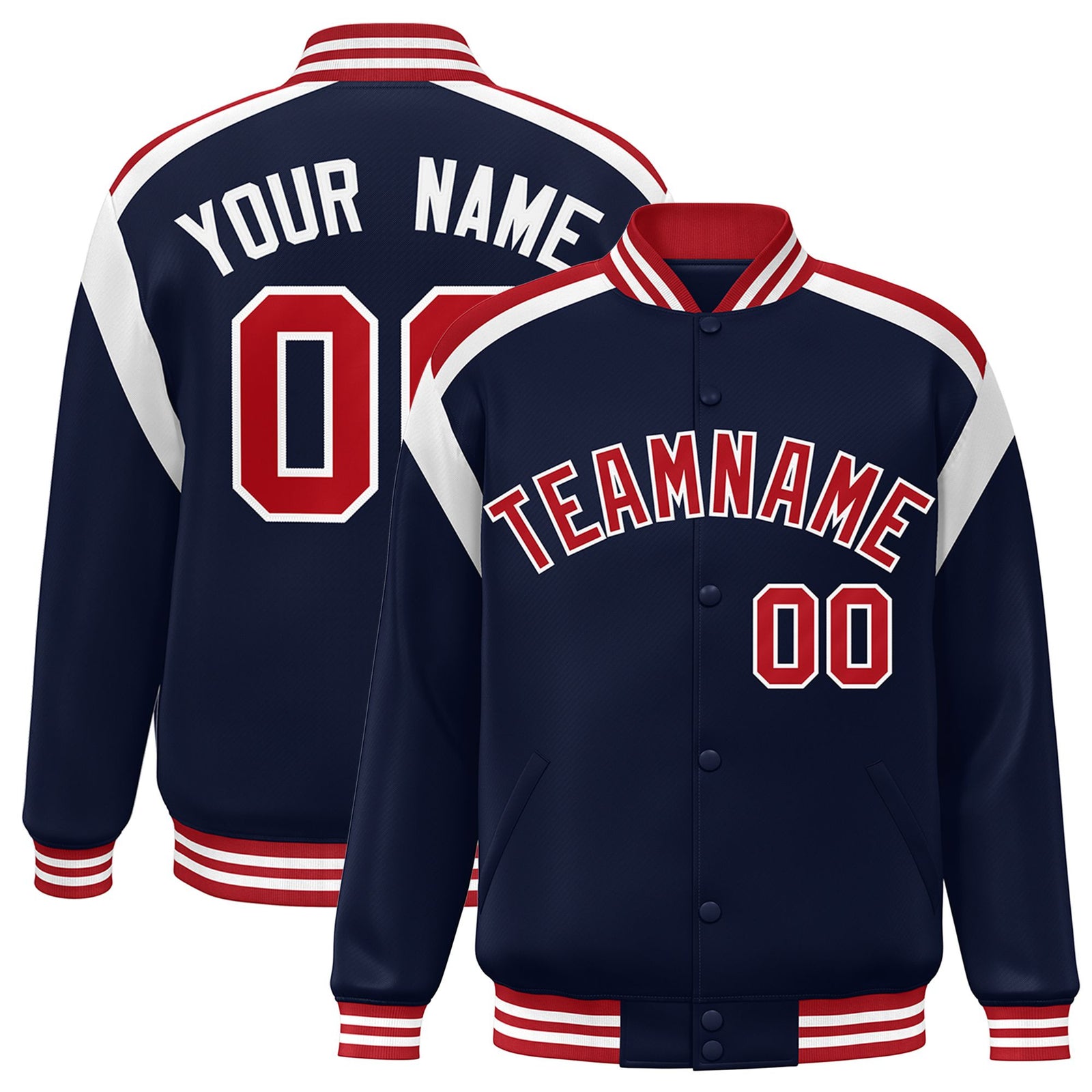 Custom Navy Red-White Bomber Full-Snap Varsity Letterman Shoulder Stripe Jacket