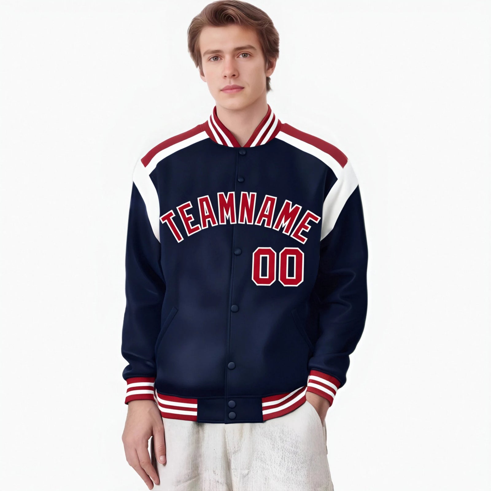 Custom Navy Red-White Bomber Full-Snap Varsity Letterman Shoulder Stripe Jacket