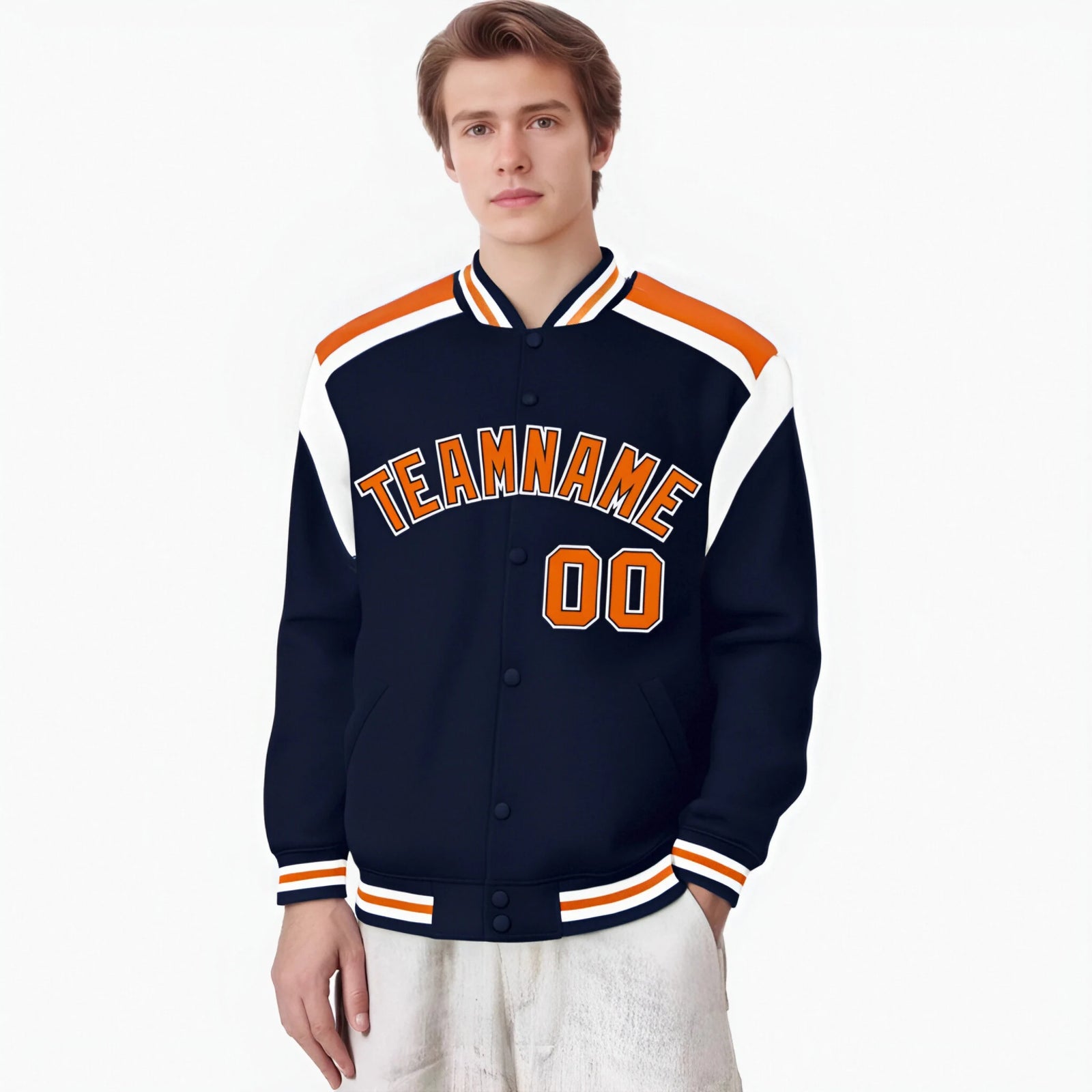 Custom Navy Orange-White Bomber Full-Snap Varsity Letterman Shoulder Stripe Jacket