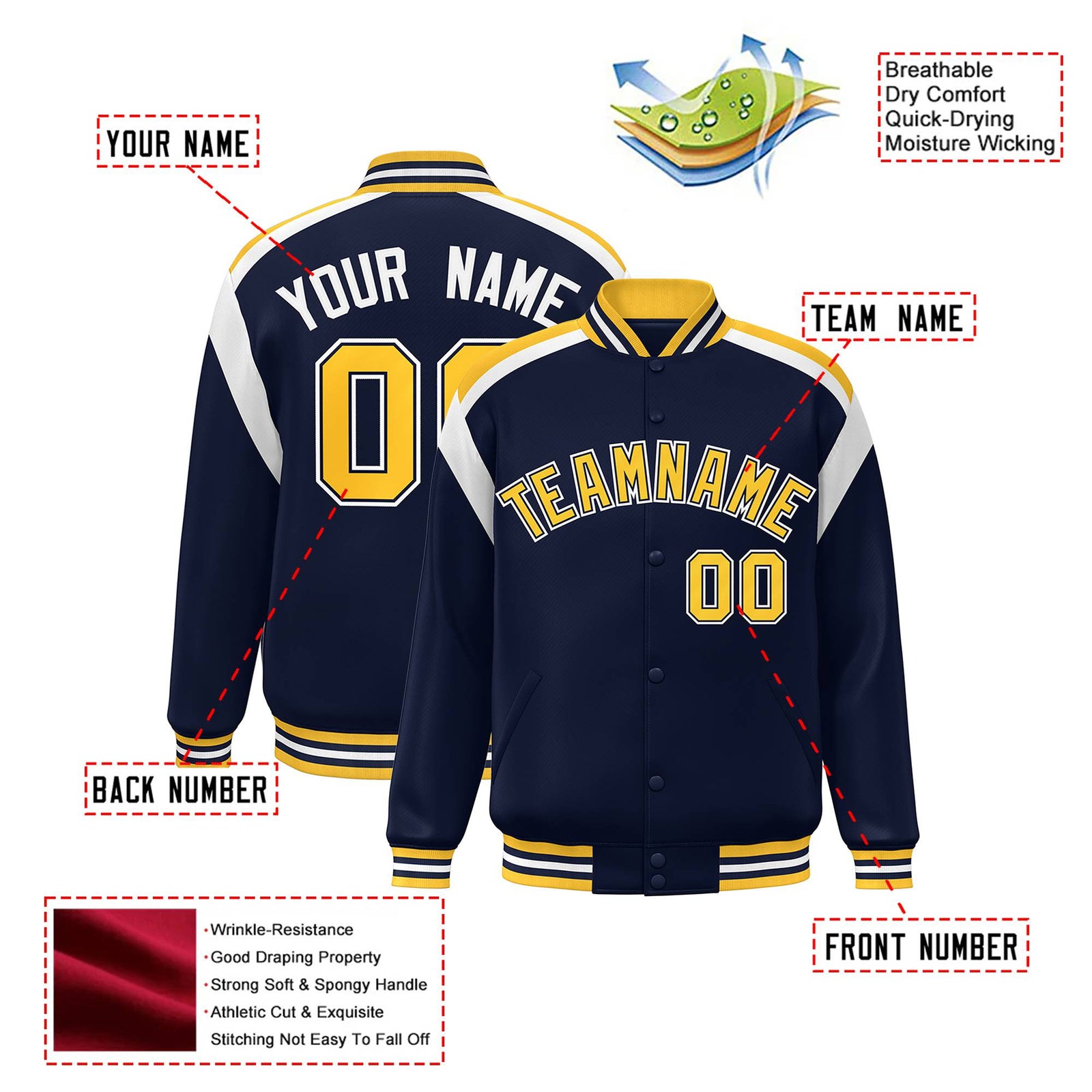Custom Navy Yellow-White Bomber Full-Snap Varsity Letterman Shoulder Stripe Jacket
