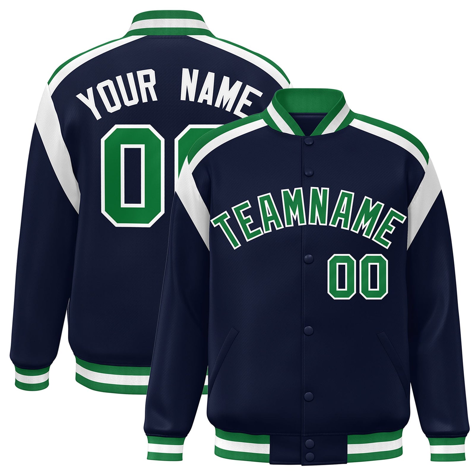 Custom Navy Neon-Green White Bomber Full-Snap Varsity Letterman Shoulder Stripe Jacket