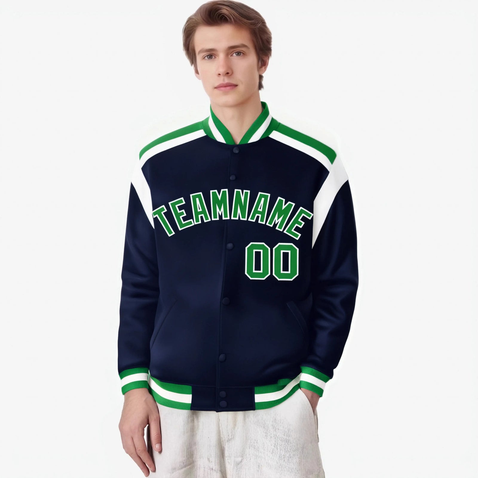 Custom Navy Neon-Green White Bomber Full-Snap Varsity Letterman Shoulder Stripe Jacket