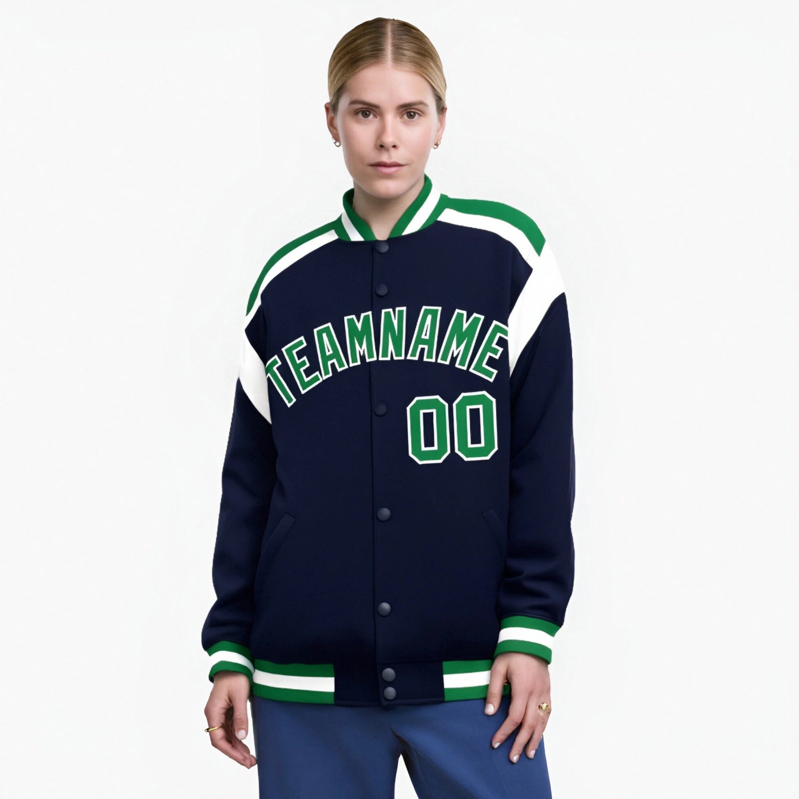 Custom Navy Neon-Green White Bomber Full-Snap Varsity Letterman Shoulder Stripe Jacket