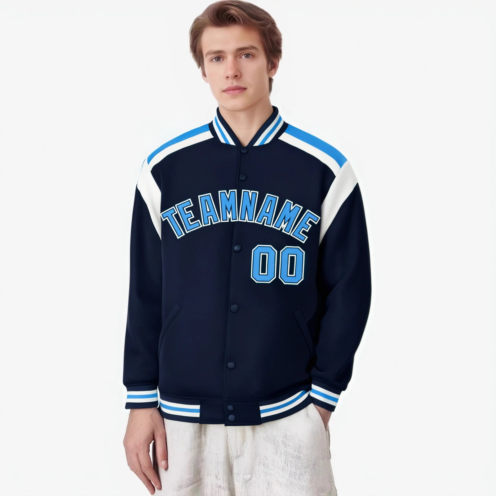Custom Navy Sky-Blue White Bomber Full-Snap Varsity Letterman Shoulder Stripe Jacket