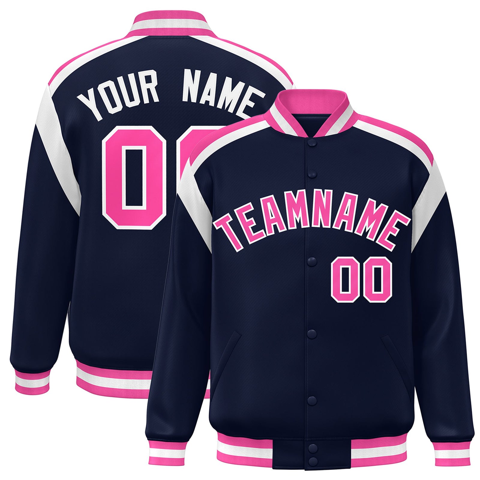 Custom Navy Pink-White Bomber Full-Snap Varsity Letterman Shoulder Stripe Jacket