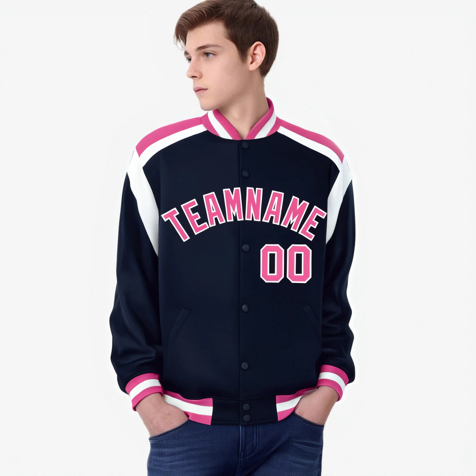 Custom Navy Pink-White Bomber Full-Snap Varsity Letterman Shoulder Stripe Jacket