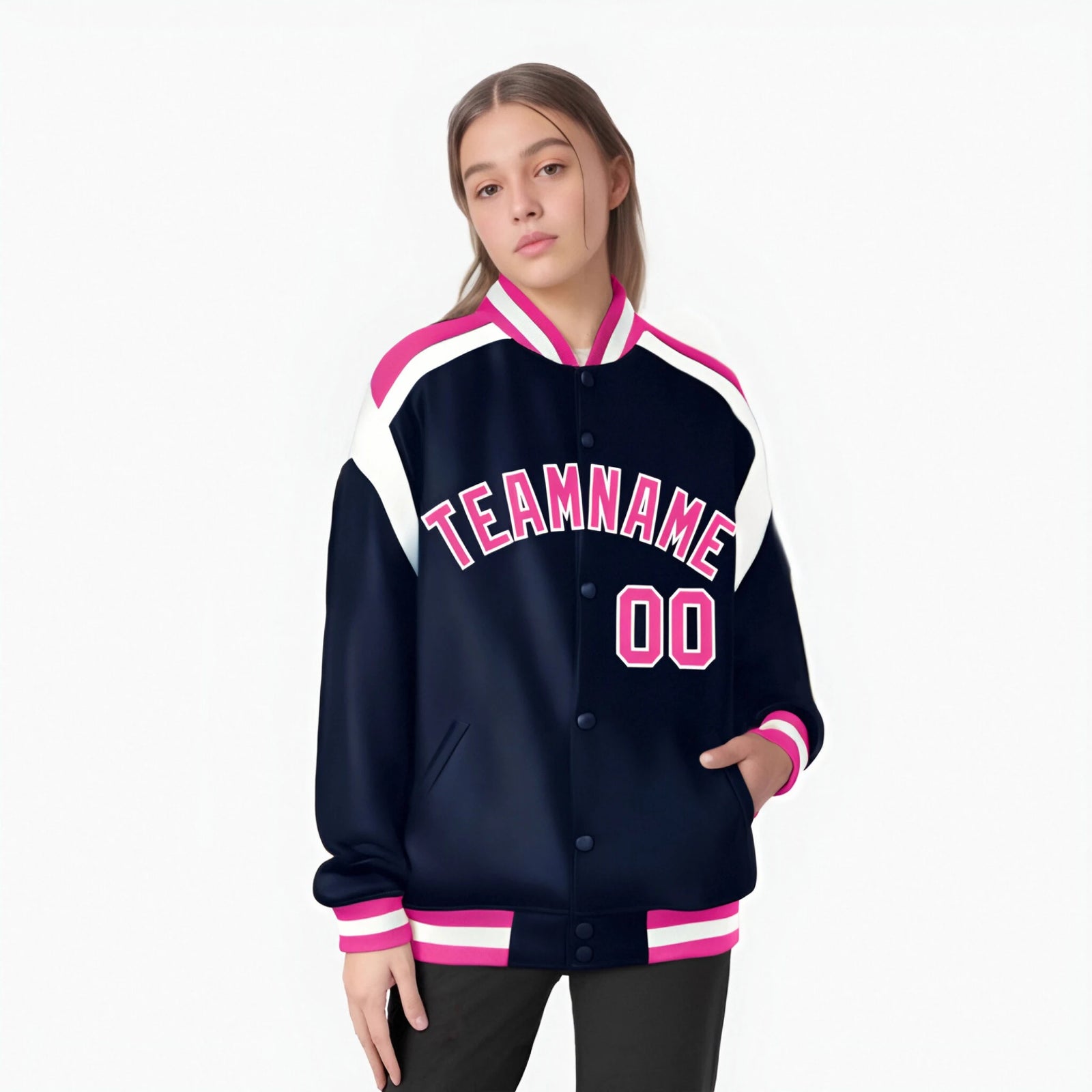 Custom Navy Pink-White Bomber Full-Snap Varsity Letterman Shoulder Stripe Jacket