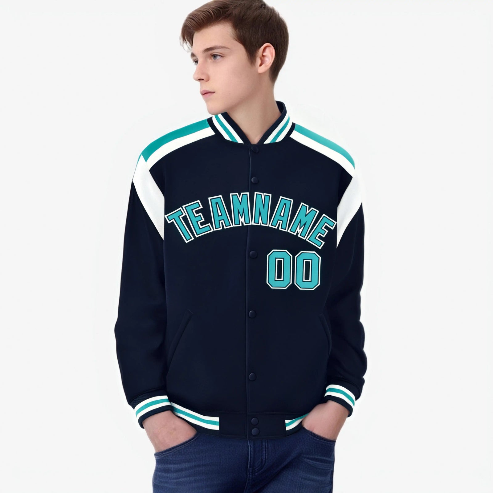 Custom Navy Aqua-White Bomber Full-Snap Varsity Letterman Shoulder Stripe Jacket