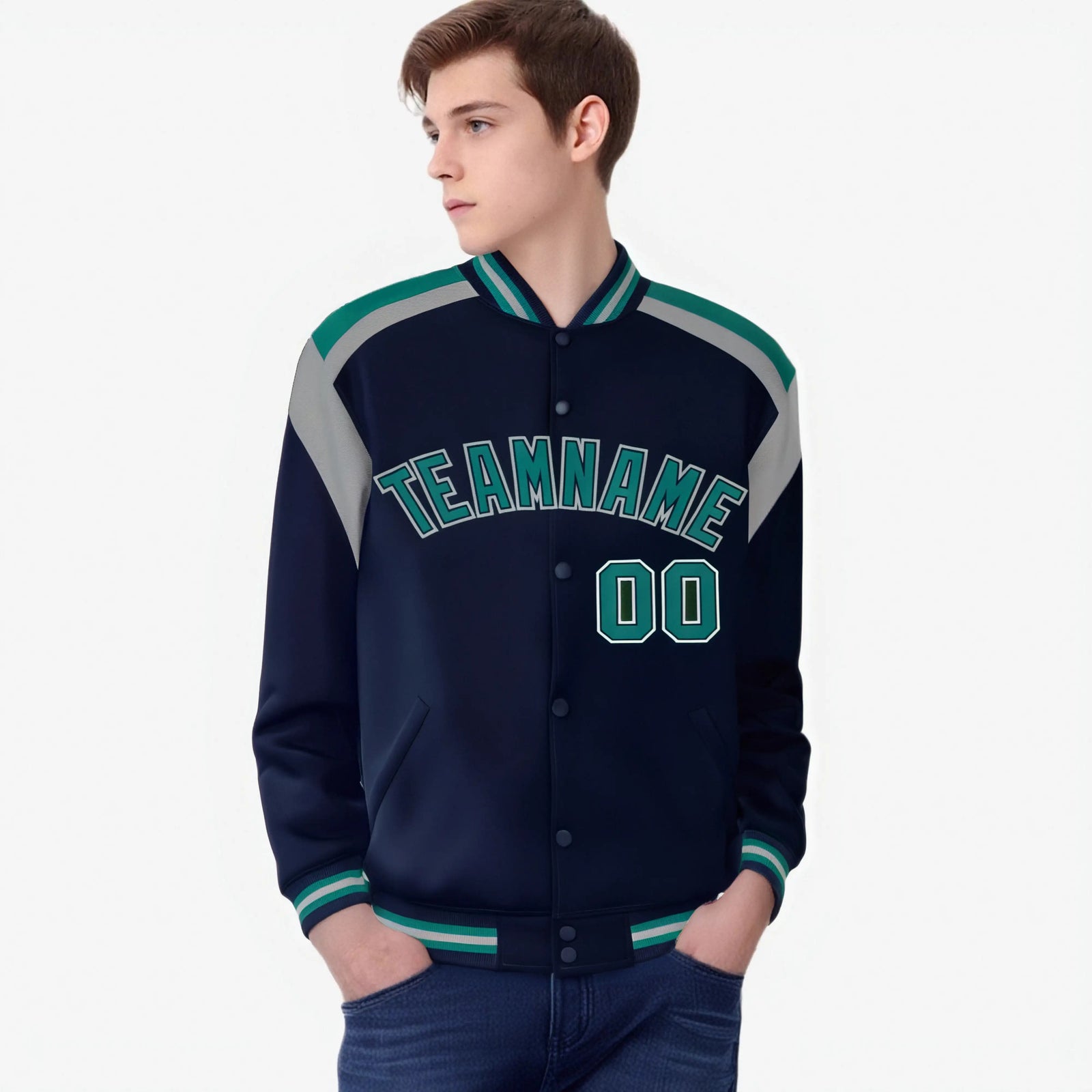 Custom Navy Kelly-Green Gray Bomber Full-Snap Varsity Letterman Shoulder Stripe Jacket