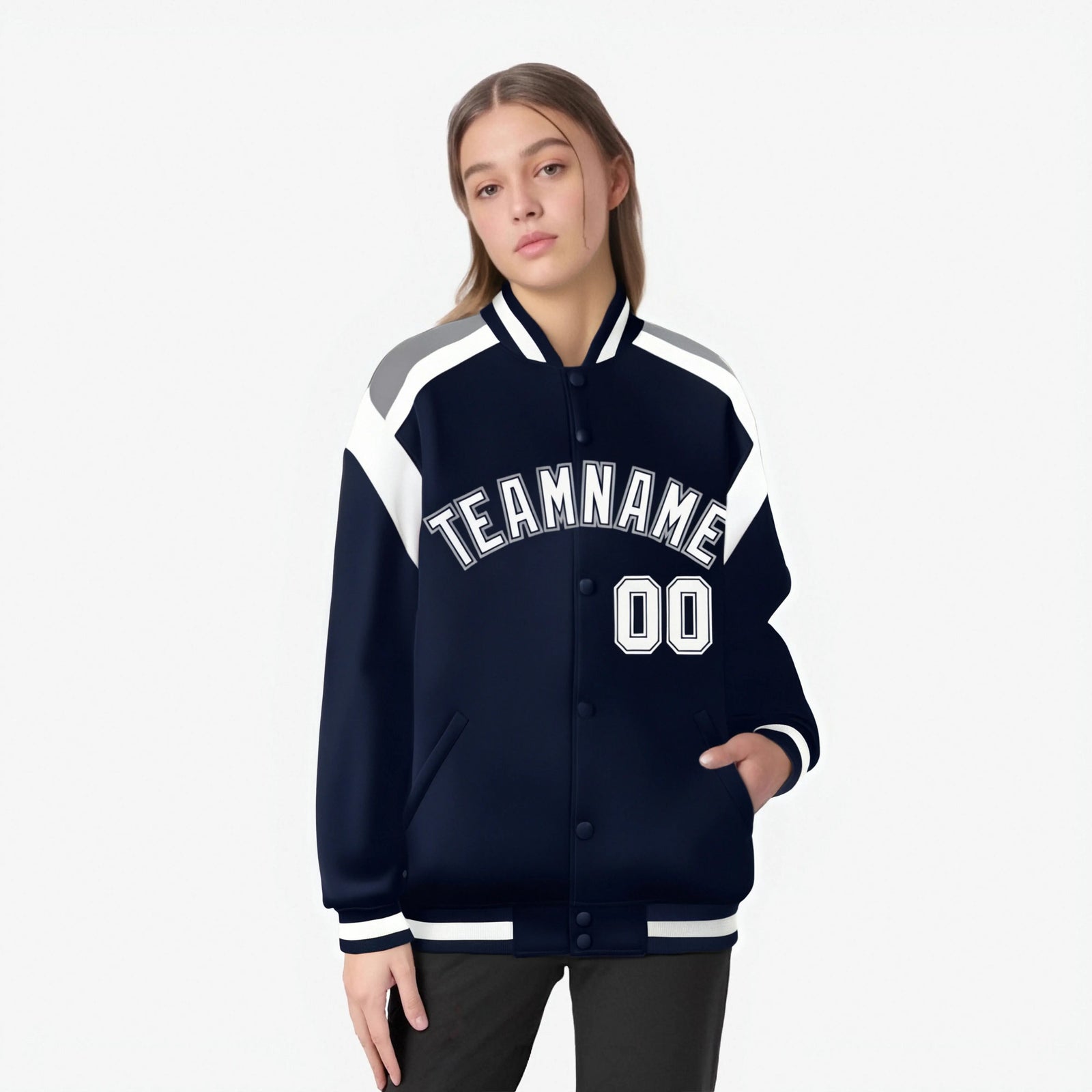 Custom Navy White-Gray Bomber Full-Snap Varsity Letterman Shoulder Stripe Jacket