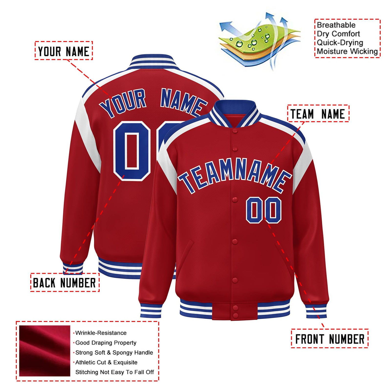 Custom Royal Red Blue-White Bomber Full-Snap Varsity Letterman Shoulder Stripe Jacket