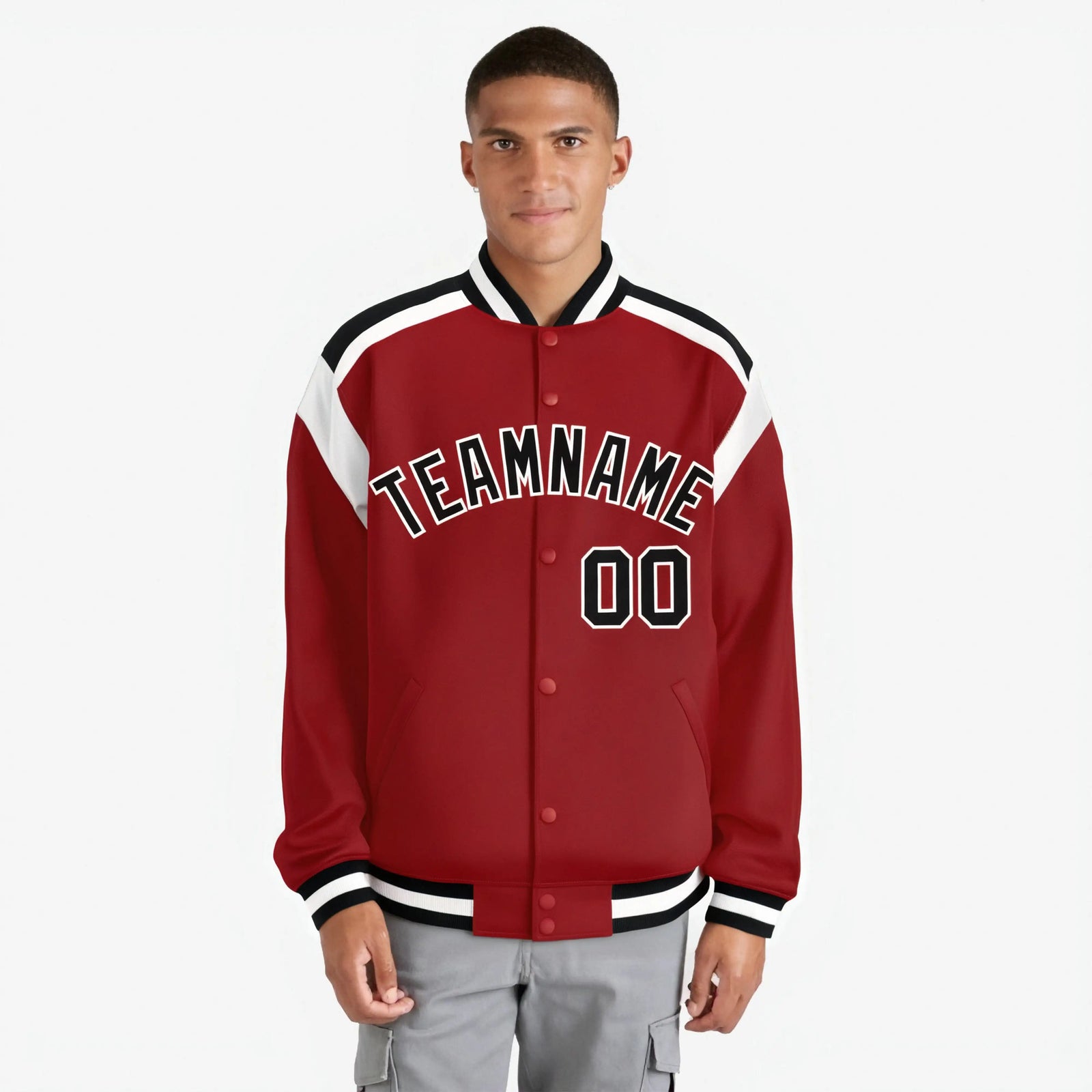 Custom Royal Red Black-White Bomber Full-Snap Varsity Letterman Shoulder Stripe Jacket