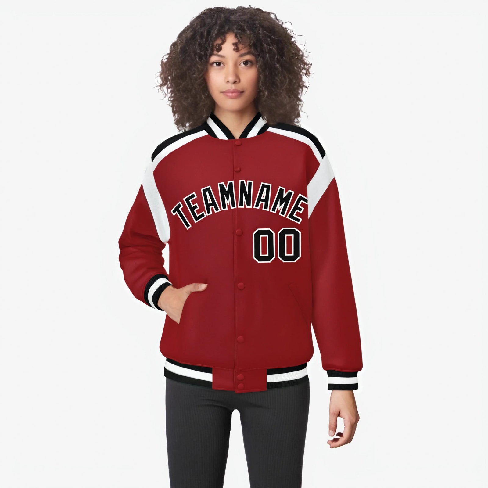 Custom Royal Red Black-White Bomber Full-Snap Varsity Letterman Shoulder Stripe Jacket