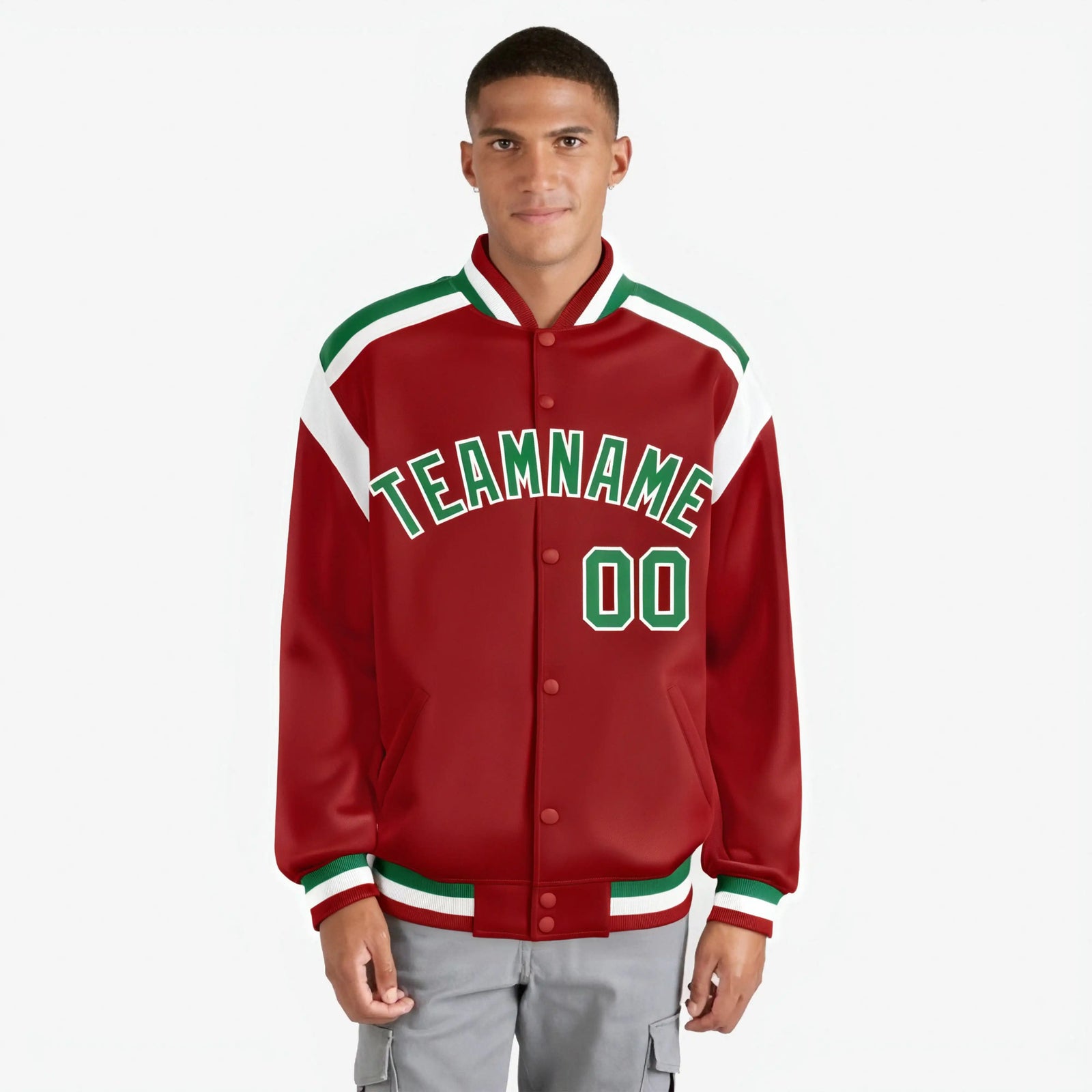 Custom Royal Red Neon-Green White Bomber Full-Snap Varsity Letterman Shoulder Stripe Jacket