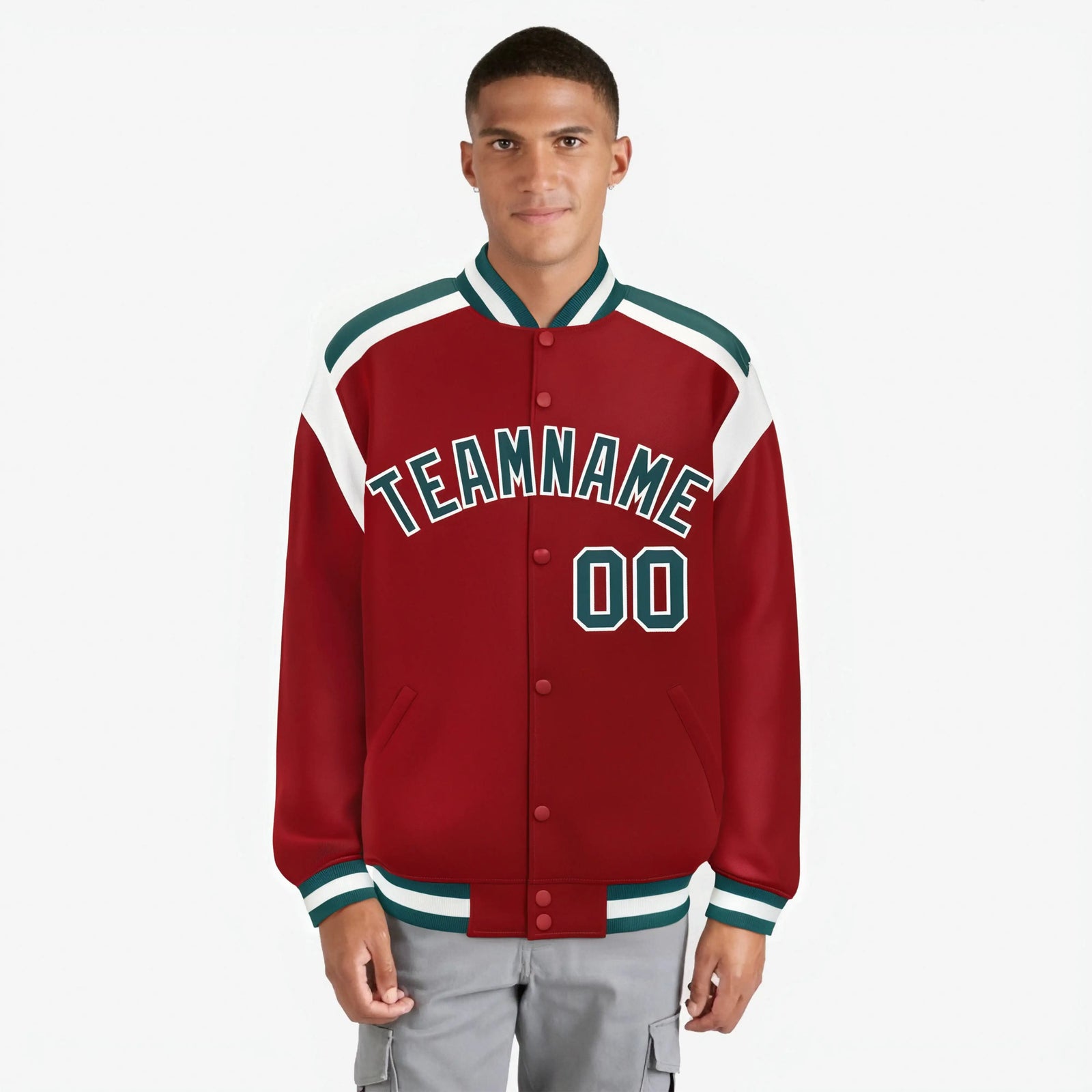 Custom Royal Red Midnight-Green White Bomber Full-Snap Varsity Letterman Shoulder Stripe Jacket