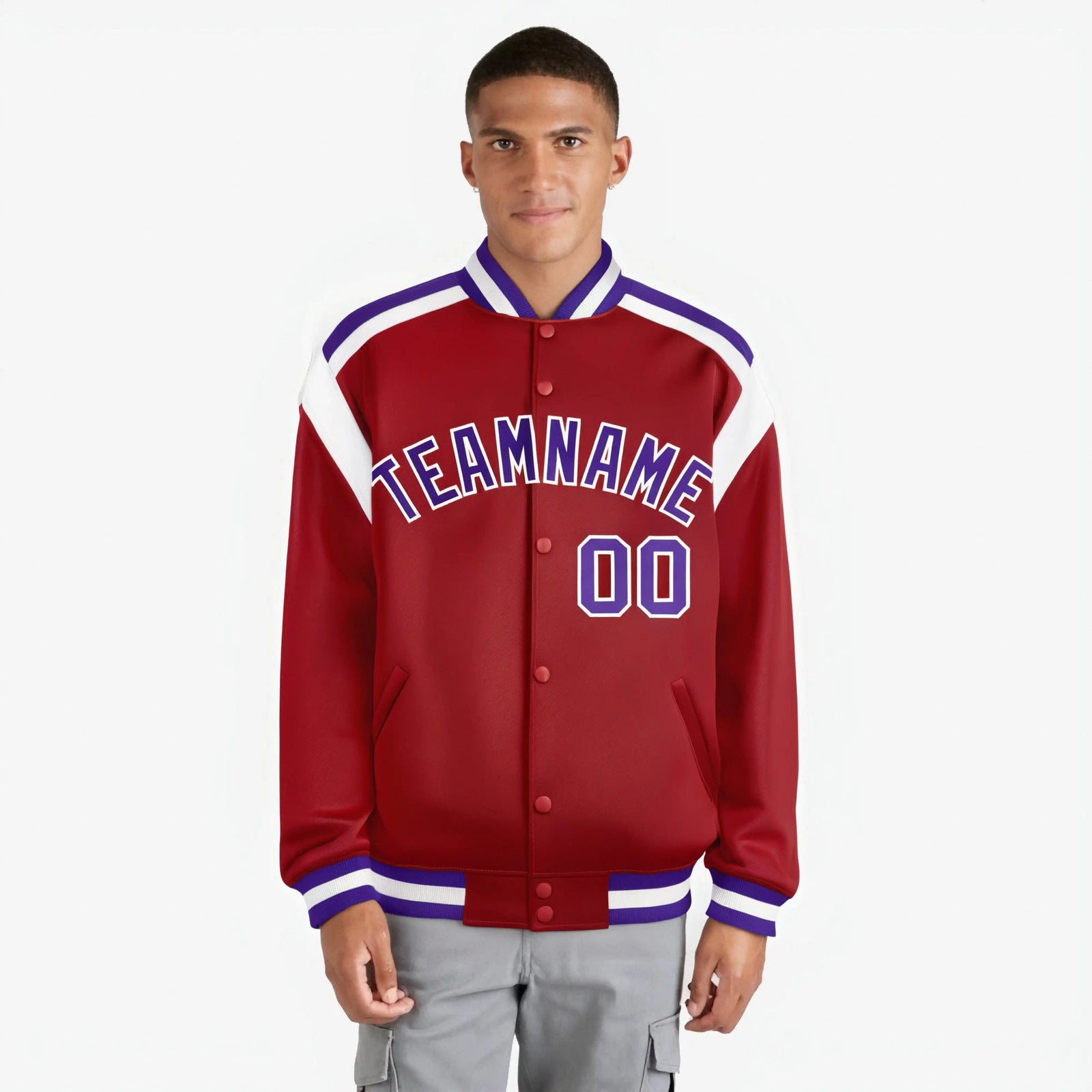 Custom Royal Red Purple-White Bomber Full-Snap Varsity Letterman Shoulder Stripe Jacket