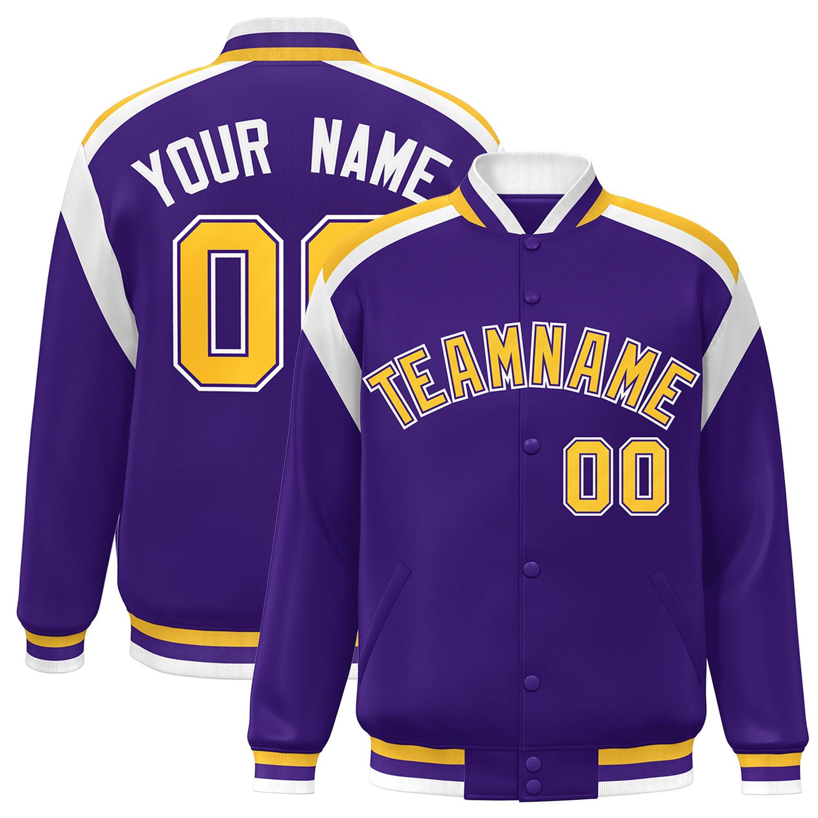 Custom Purple Yellow-White Bomber Full-Snap Varsity Letterman Shoulder Stripe Jacket