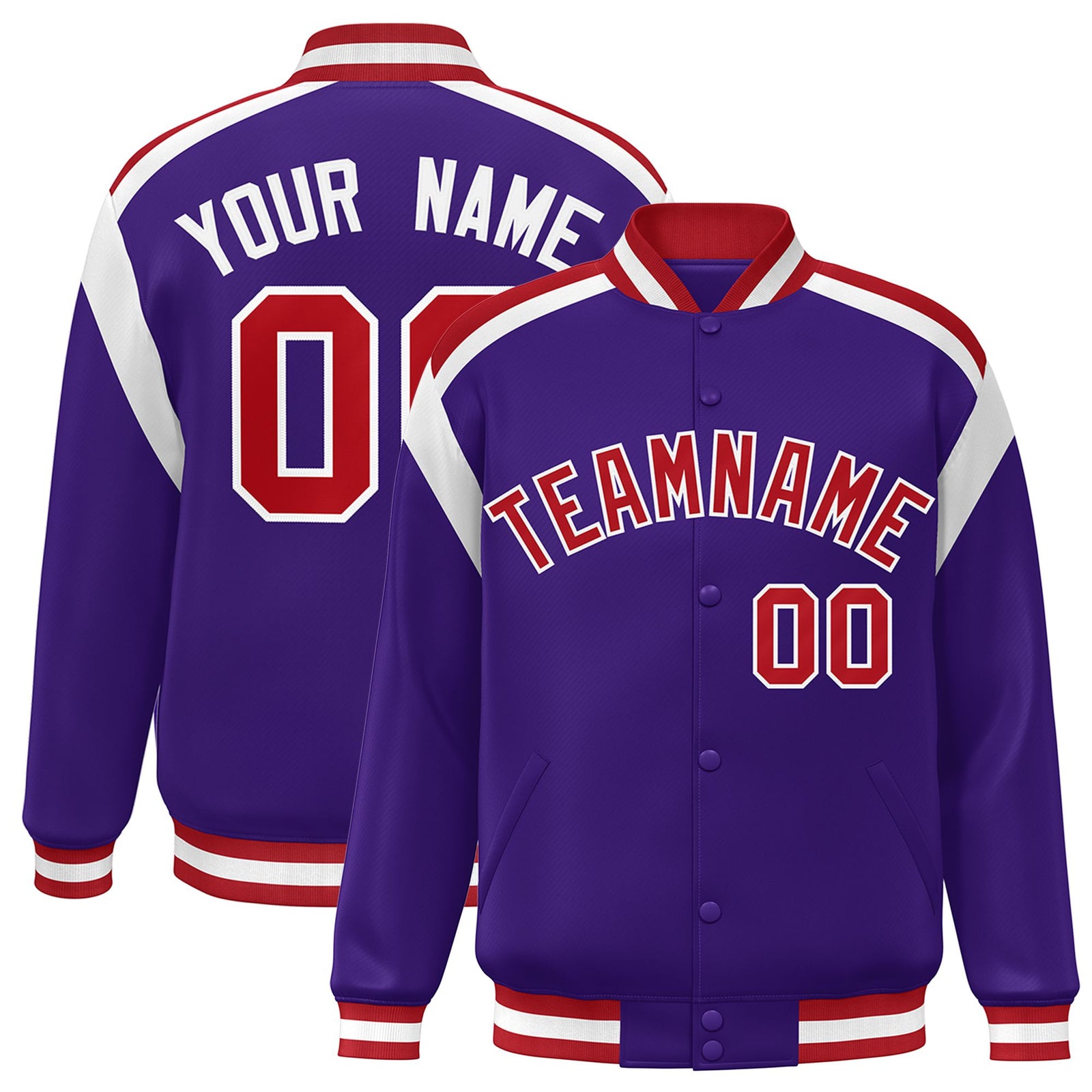 Custom Purple Red-White Bomber Full-Snap Varsity Letterman Shoulder Stripe Jacket