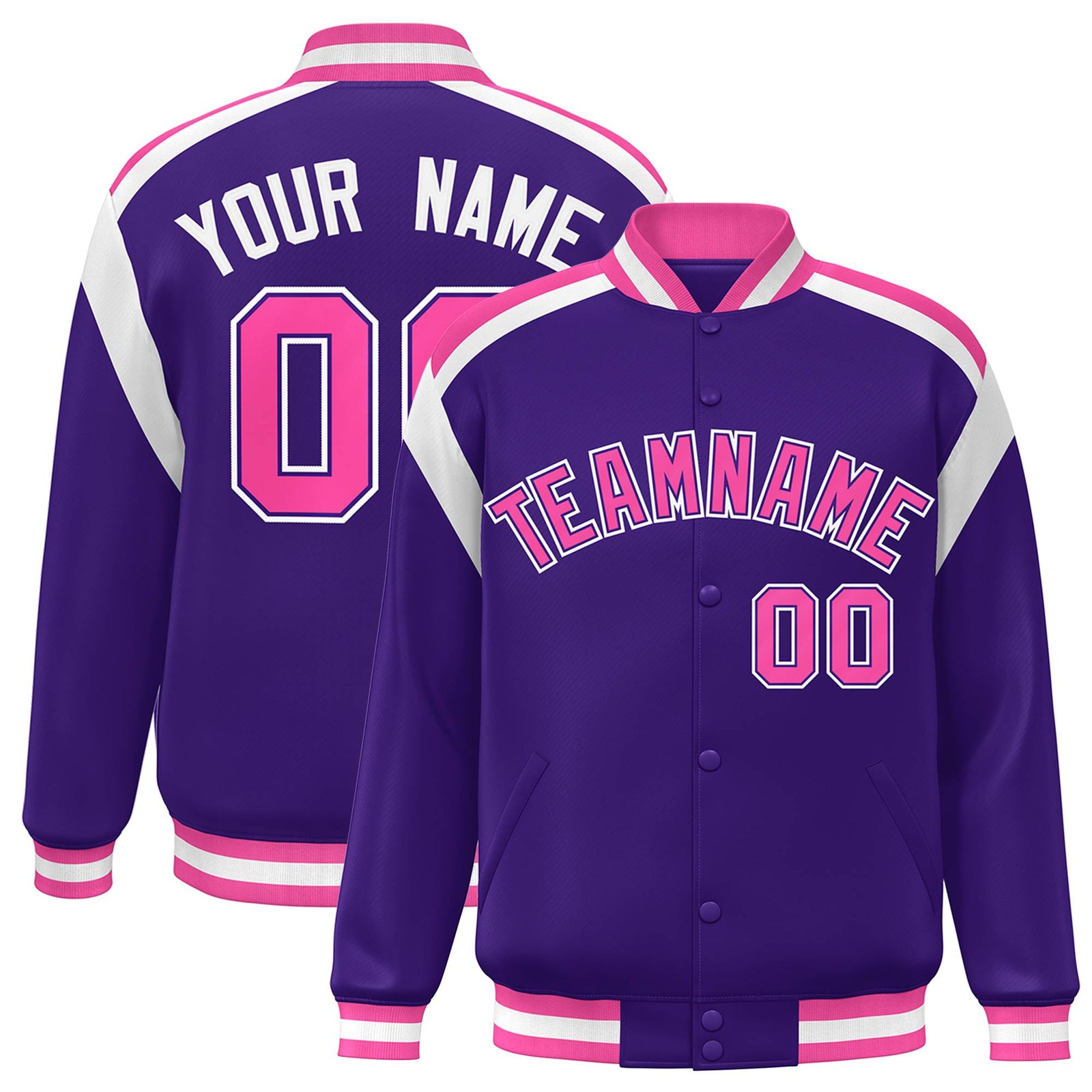 Custom Purple Pink-White Bomber Full-Snap Varsity Letterman Shoulder Stripe Jacket