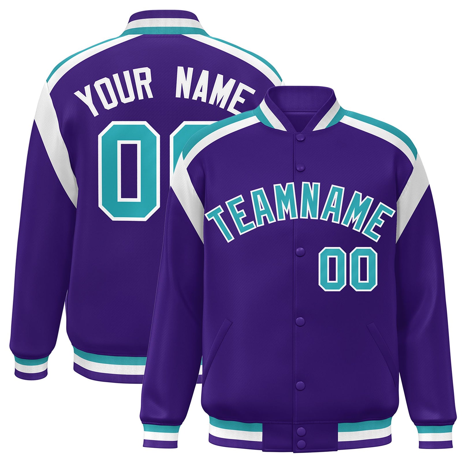 Custom Purple Aqua-White Bomber Full-Snap Varsity Letterman Shoulder Stripe Jacket