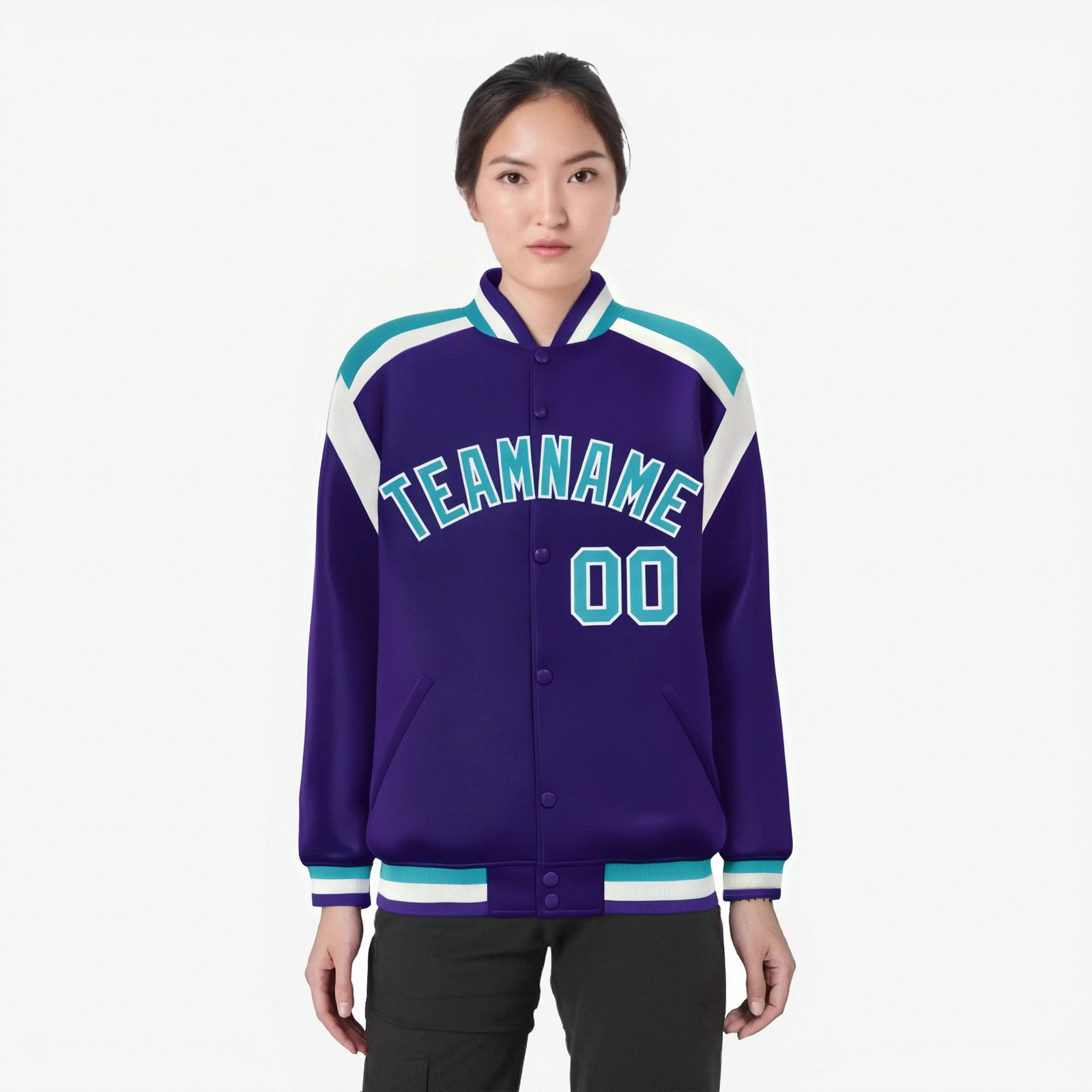 Custom Purple Aqua-White Bomber Full-Snap Varsity Letterman Shoulder Stripe Jacket