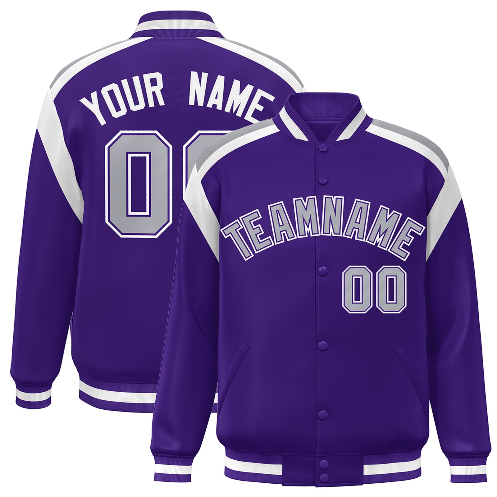 Custom Purple Gray-White Bomber Full-Snap Varsity Letterman Shoulder Stripe Jacket