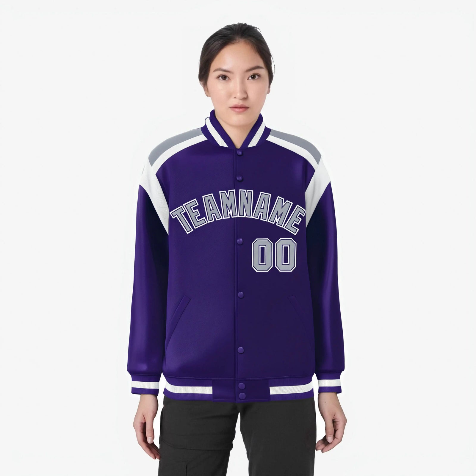 Custom Purple Gray-White Bomber Full-Snap Varsity Letterman Shoulder Stripe Jacket