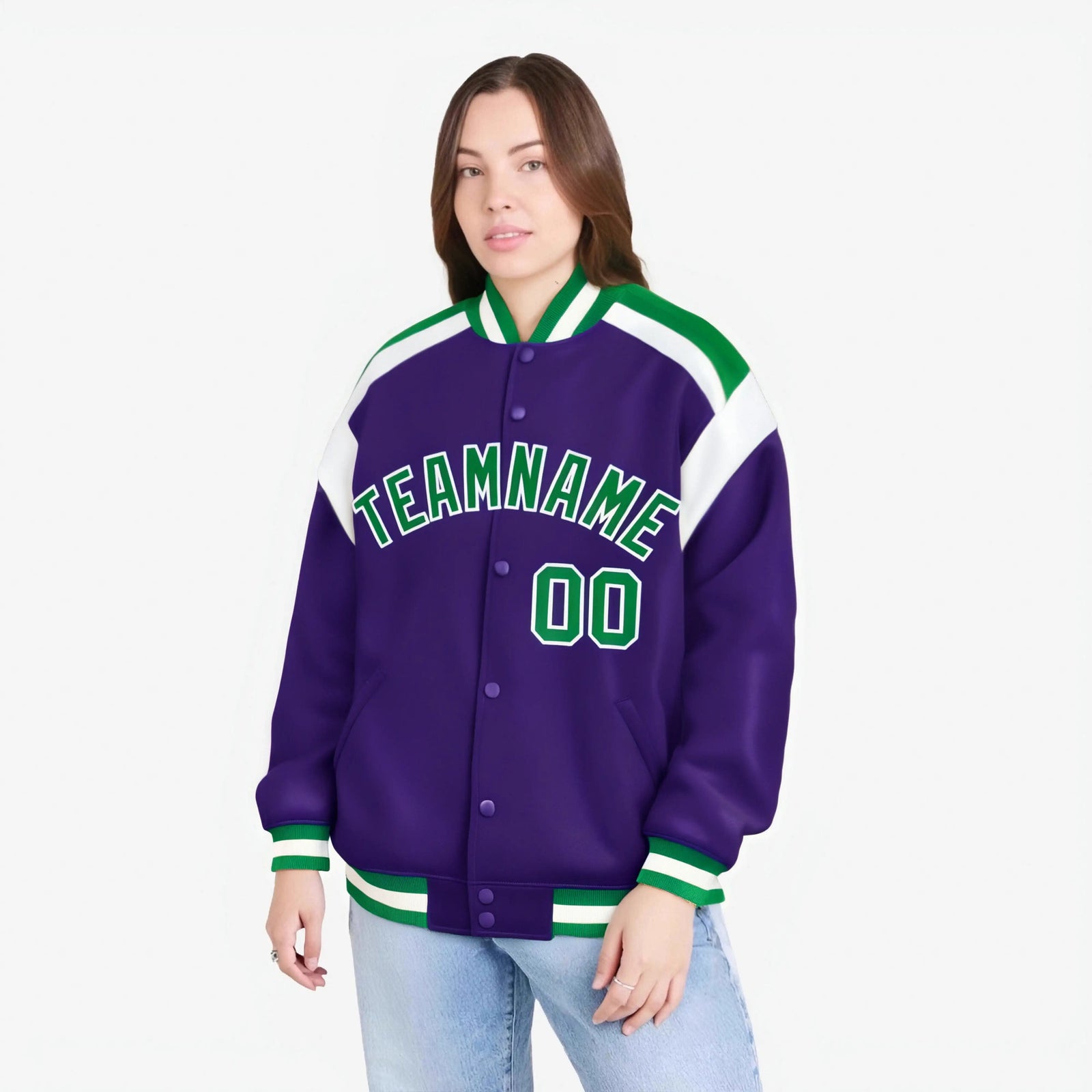 Custom Purple Green-White Bomber Full-Snap Varsity Letterman Shoulder Stripe Jacket