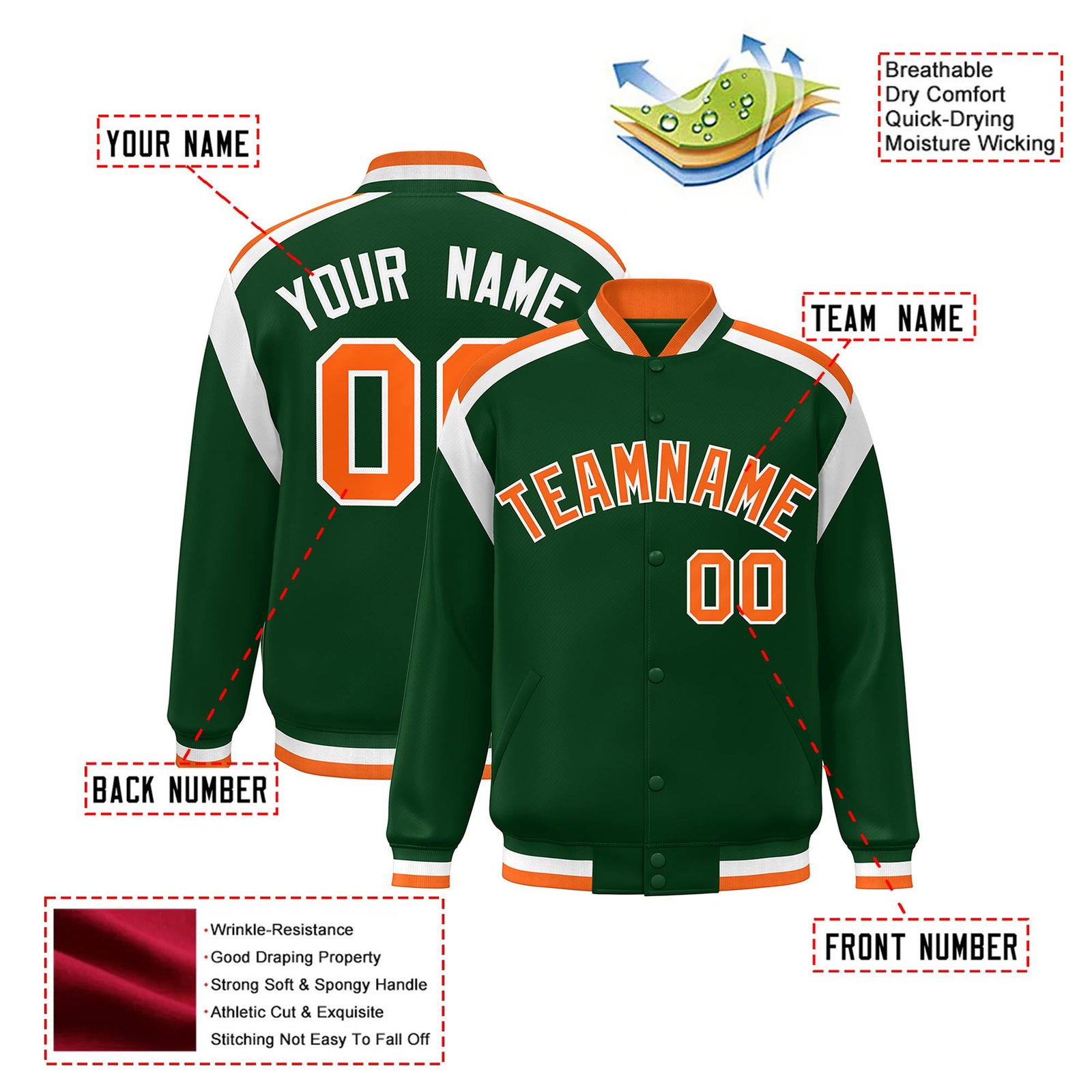 Custom Kelly-Green Orange-White Bomber Full-Snap Varsity Letterman Shoulder Stripe Jacket