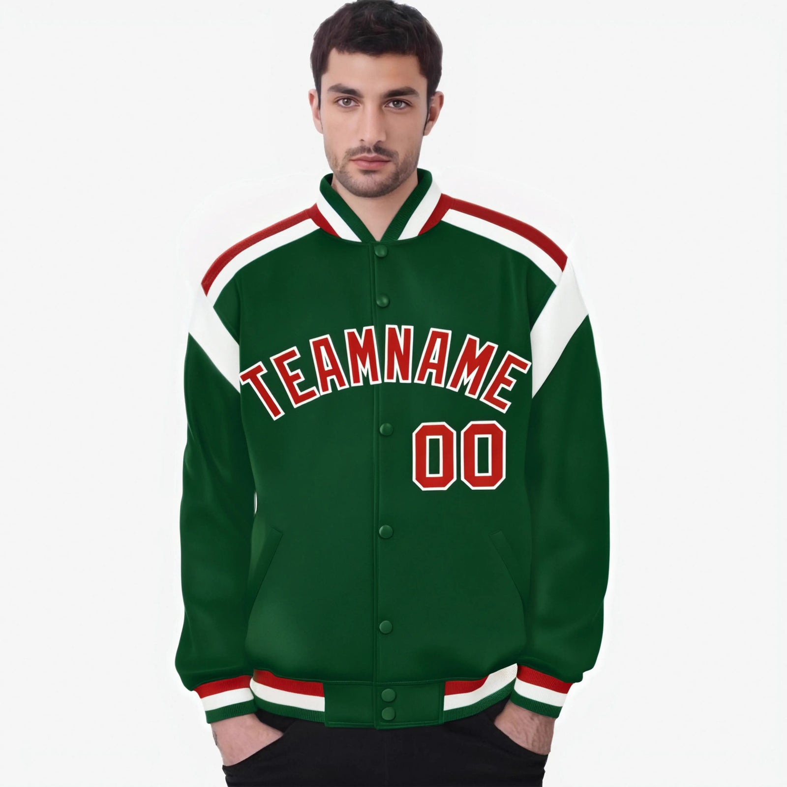 Custom Kelly-Green Red-White Bomber Full-Snap Varsity Letterman Shoulder Stripe Jacket