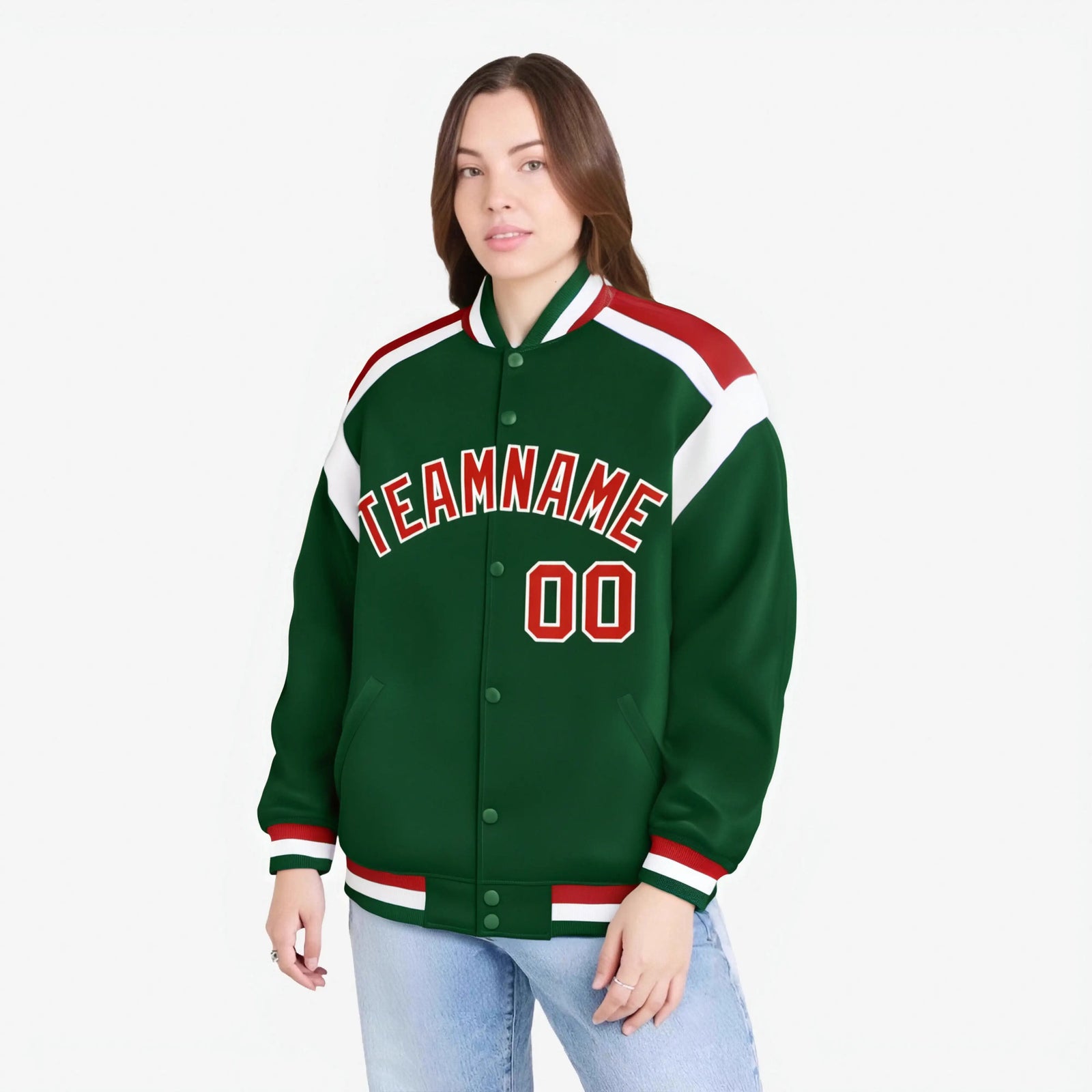 Custom Kelly-Green Red-White Bomber Full-Snap Varsity Letterman Shoulder Stripe Jacket