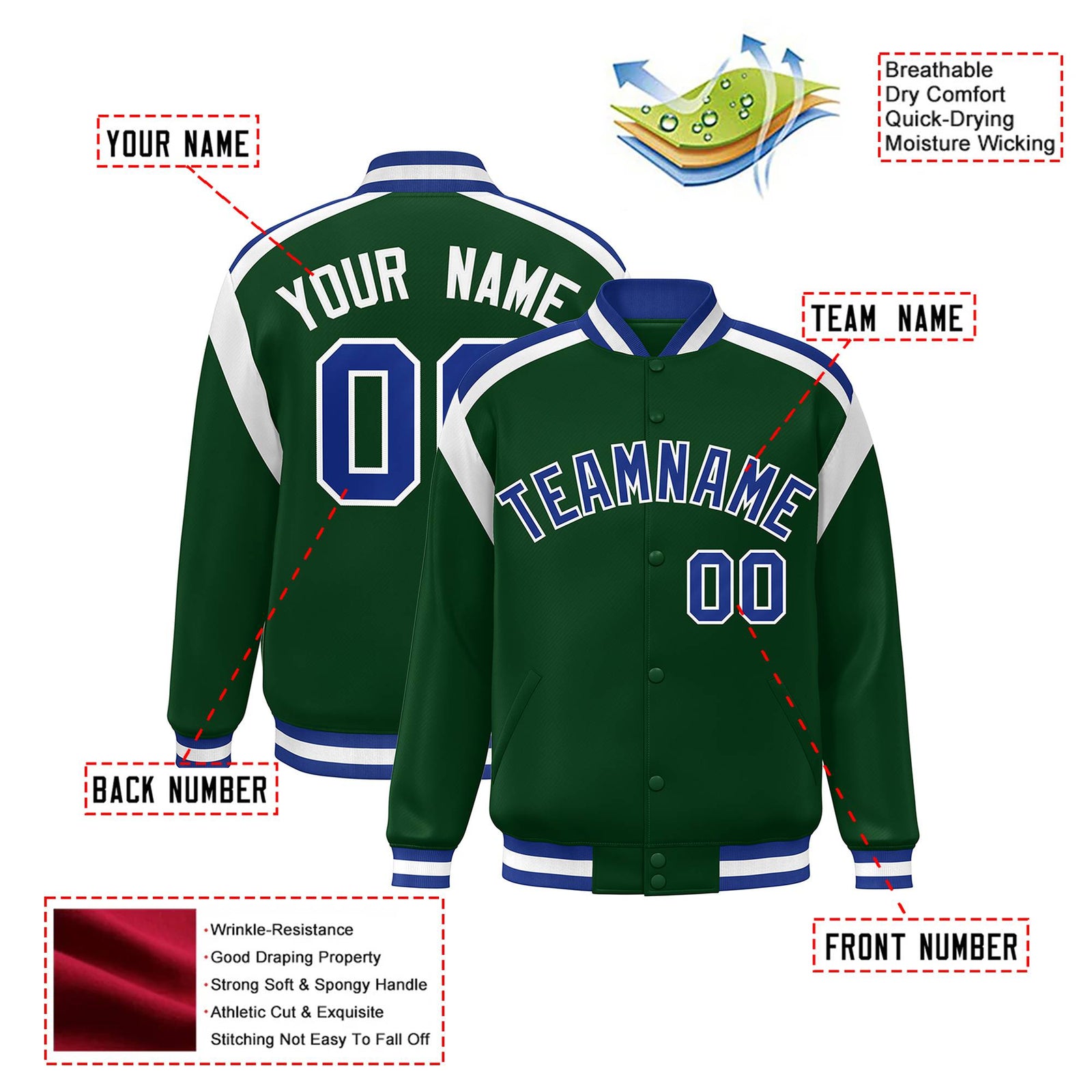 Custom Kelly-Green Thunder-Blue White Bomber Full-Snap Varsity Letterman Shoulder Stripe Jacket