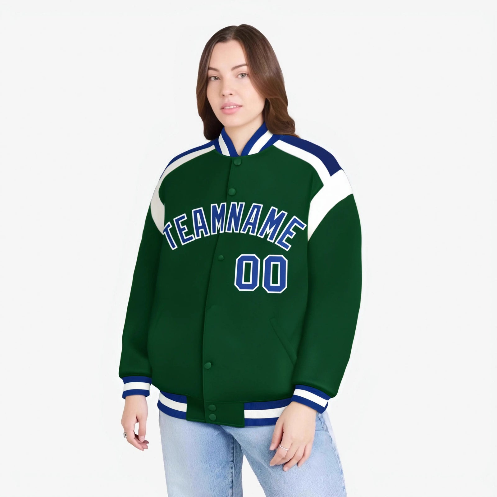 Custom Kelly-Green Thunder-Blue White Bomber Full-Snap Varsity Letterman Shoulder Stripe Jacket