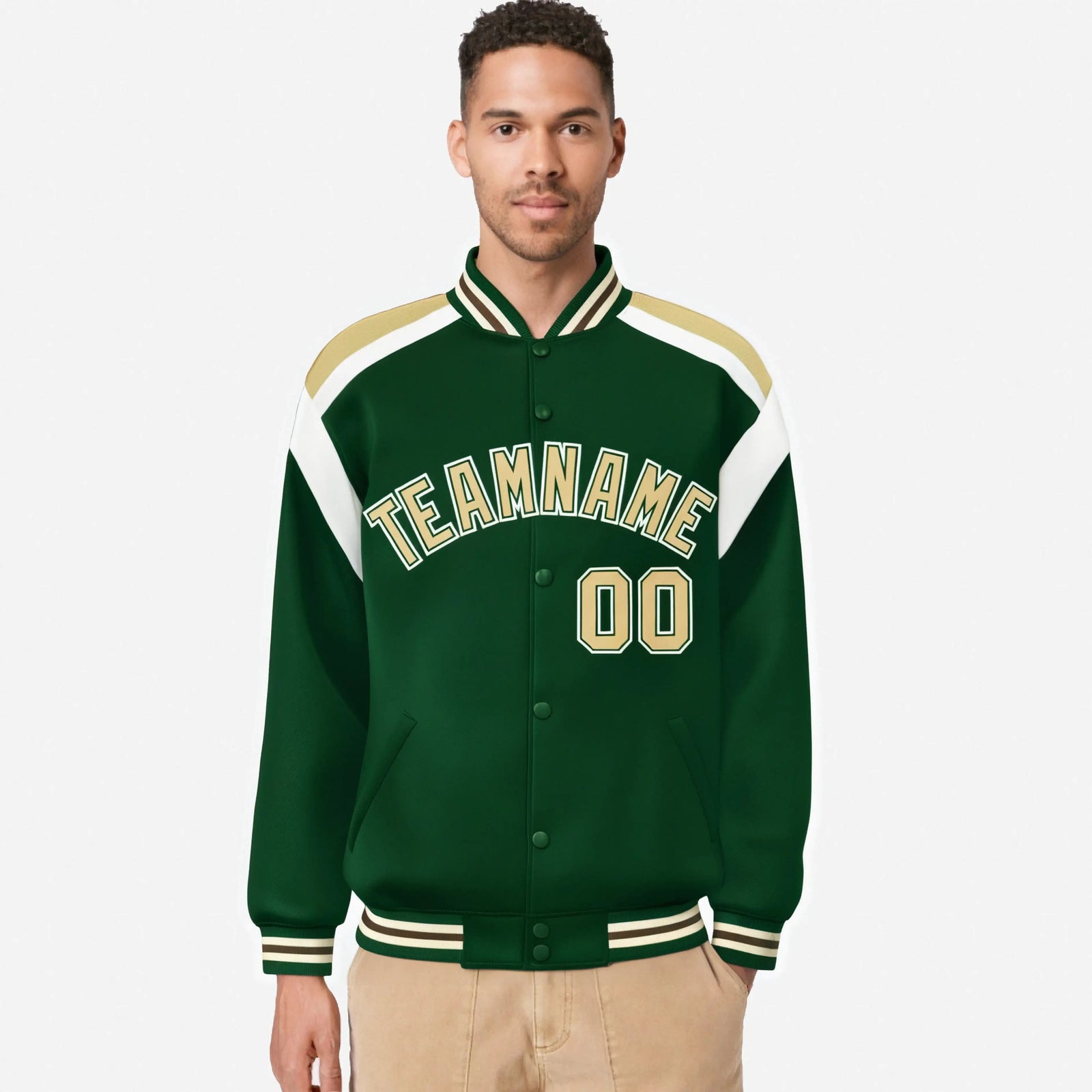 Custom Kelly-Green Old-Gold White Bomber Full-Snap Varsity Letterman Shoulder Stripe Jacket