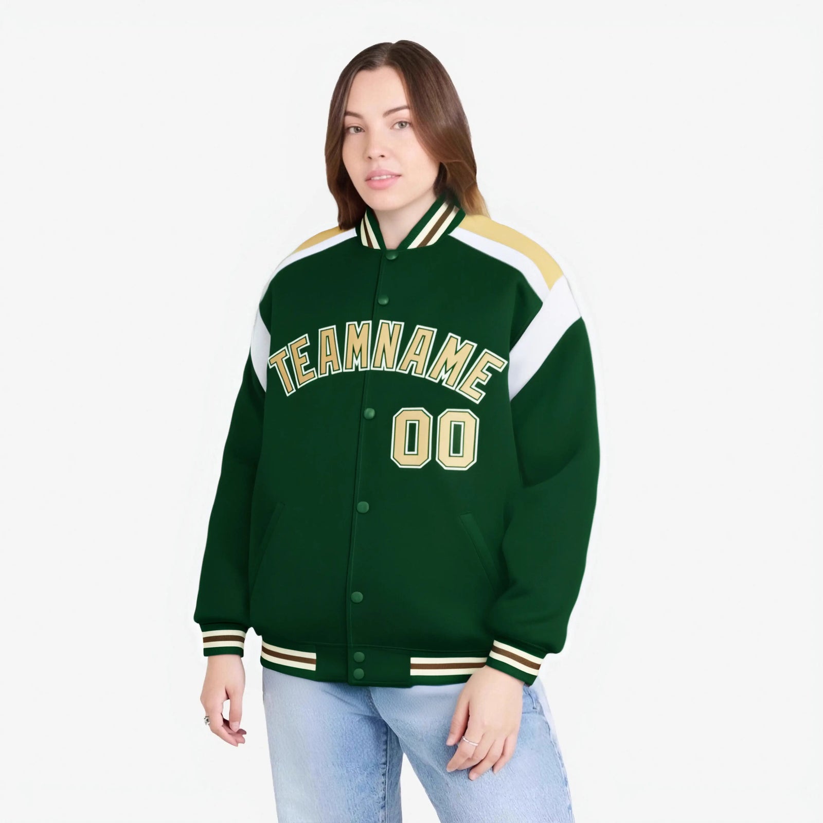 Custom Kelly-Green Old-Gold White Bomber Full-Snap Varsity Letterman Shoulder Stripe Jacket