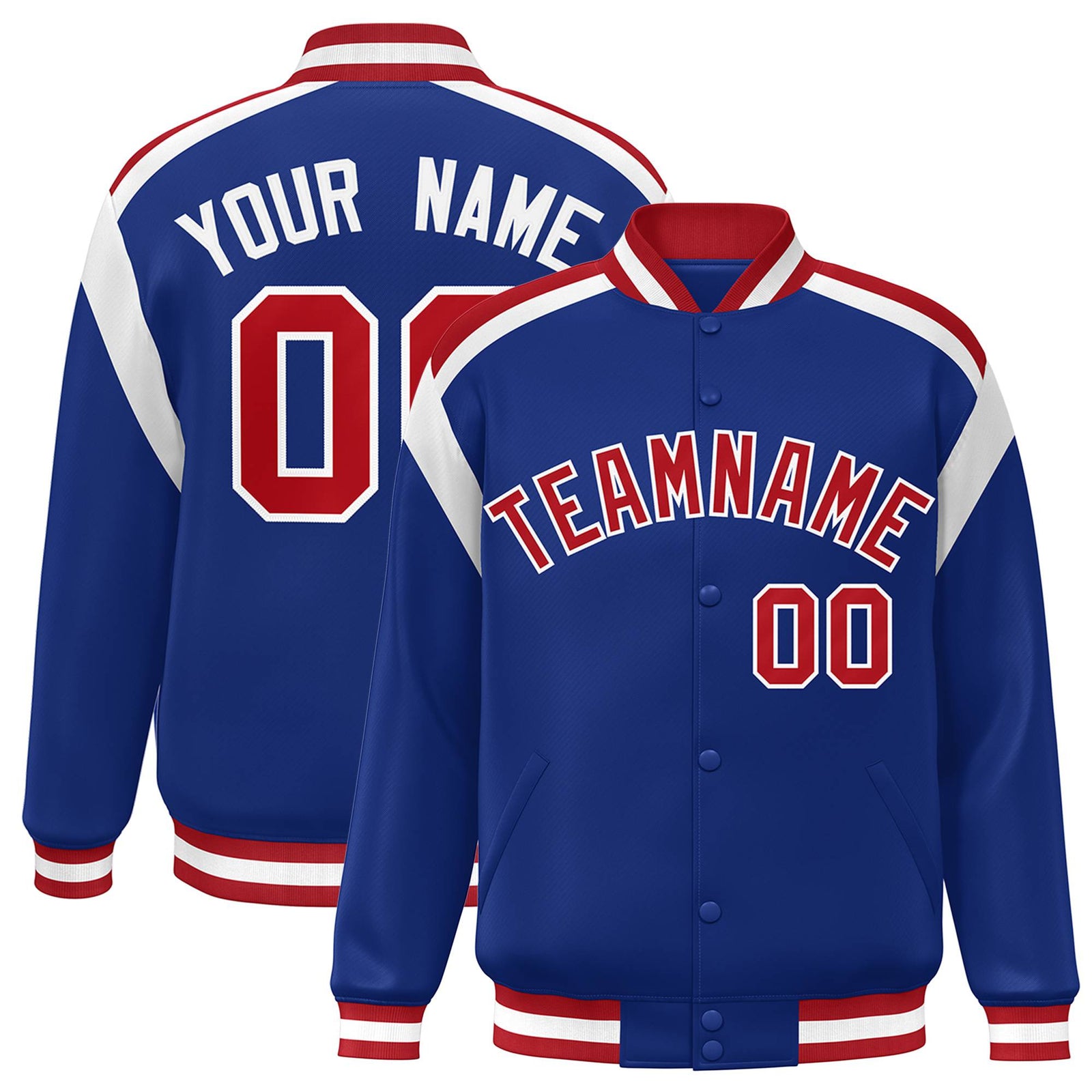 Custom Thunder Blue Red-White Bomber Full-Snap Varsity Letterman Shoulder Stripe Jacket