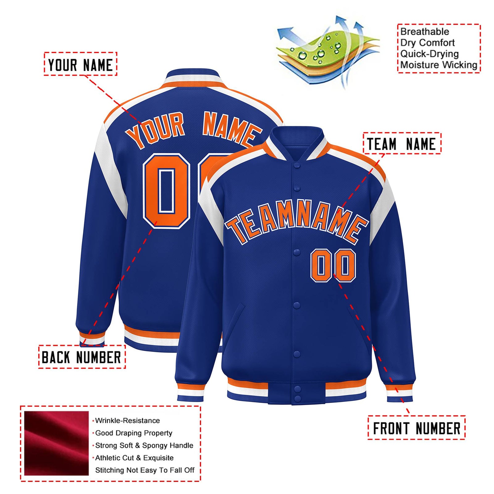 Custom Thunder Blue Orange-White Bomber Full-Snap Varsity Letterman Shoulder Stripe Jacket