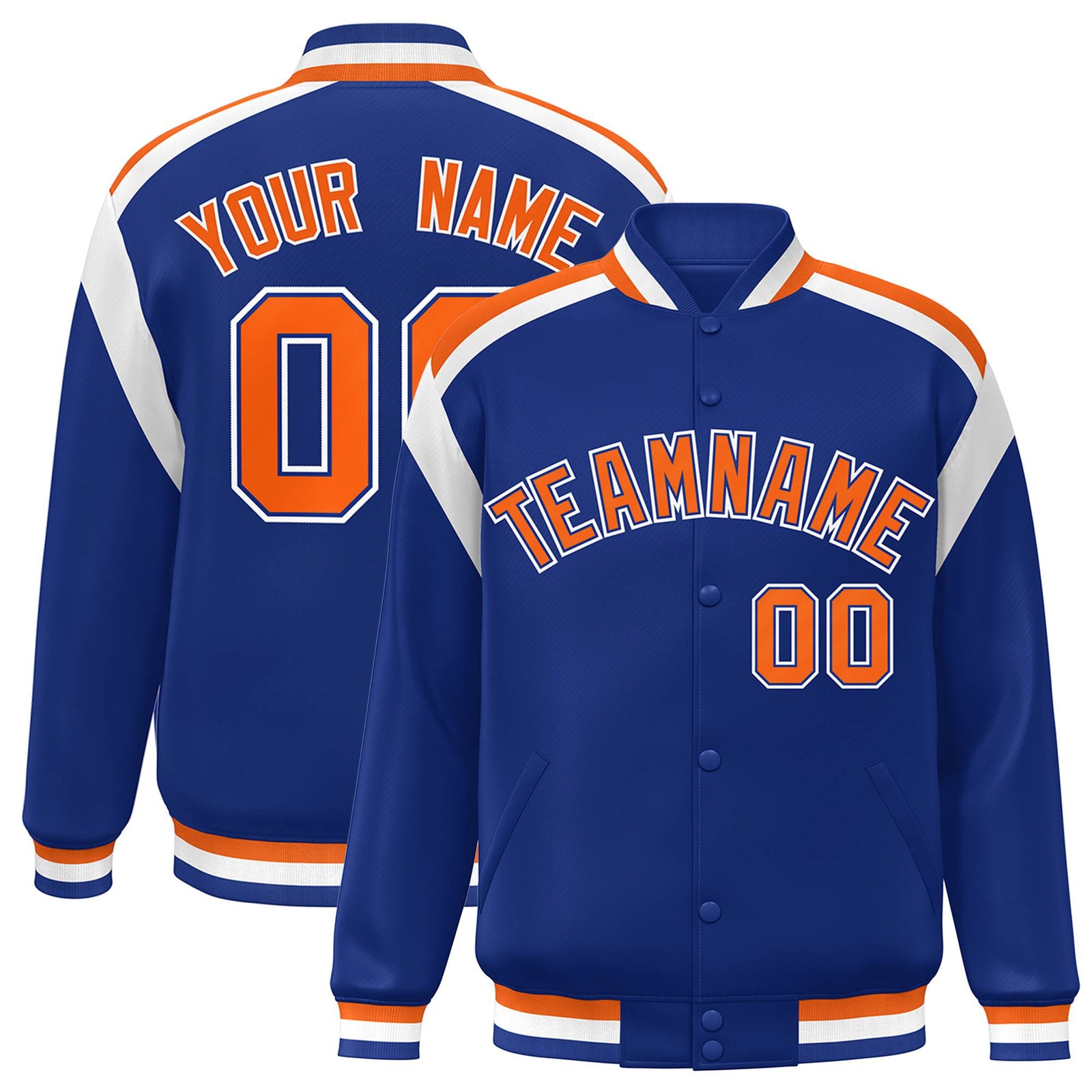 Custom Thunder Blue Orange-White Bomber Full-Snap Varsity Letterman Shoulder Stripe Jacket