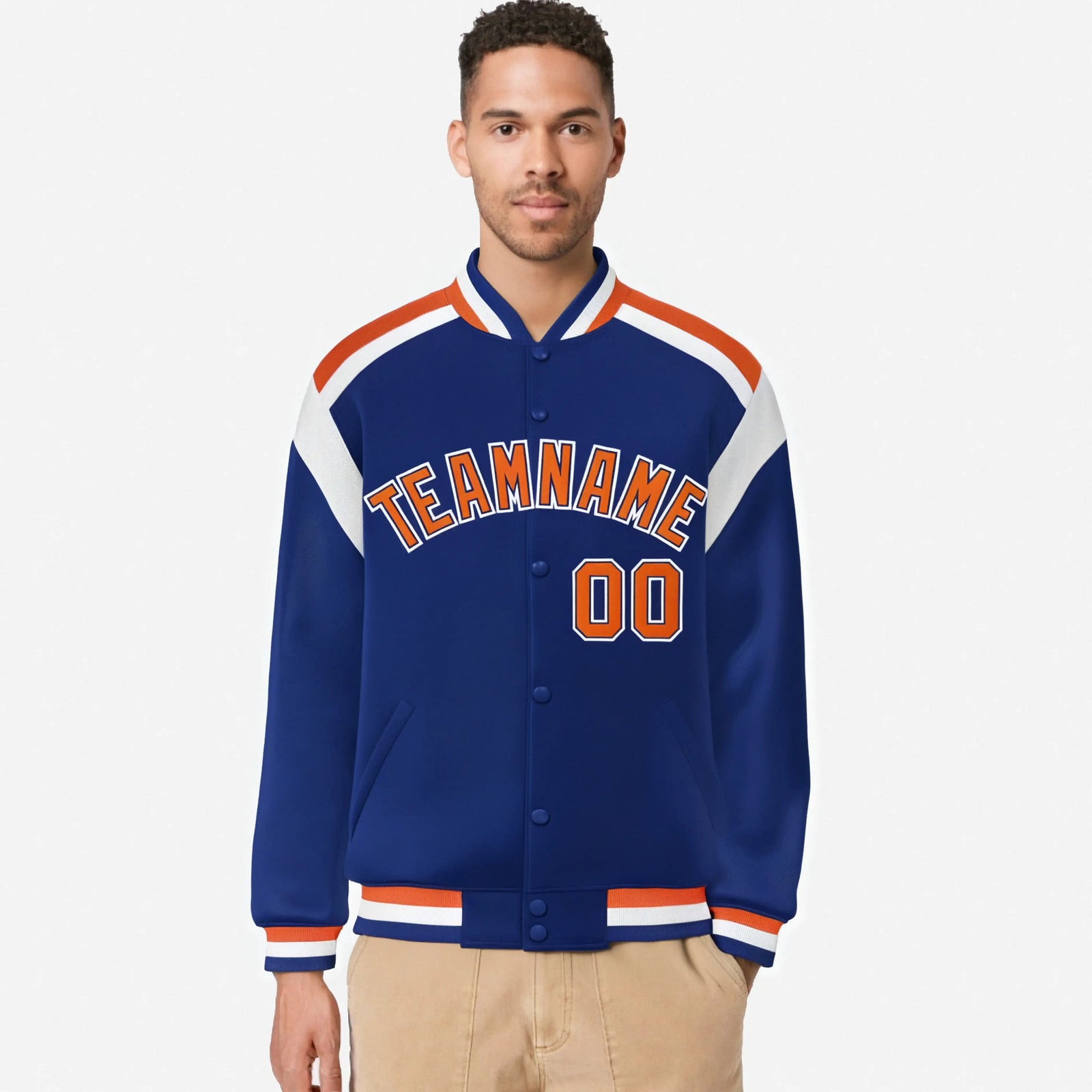 Custom Thunder Blue Orange-White Bomber Full-Snap Varsity Letterman Shoulder Stripe Jacket