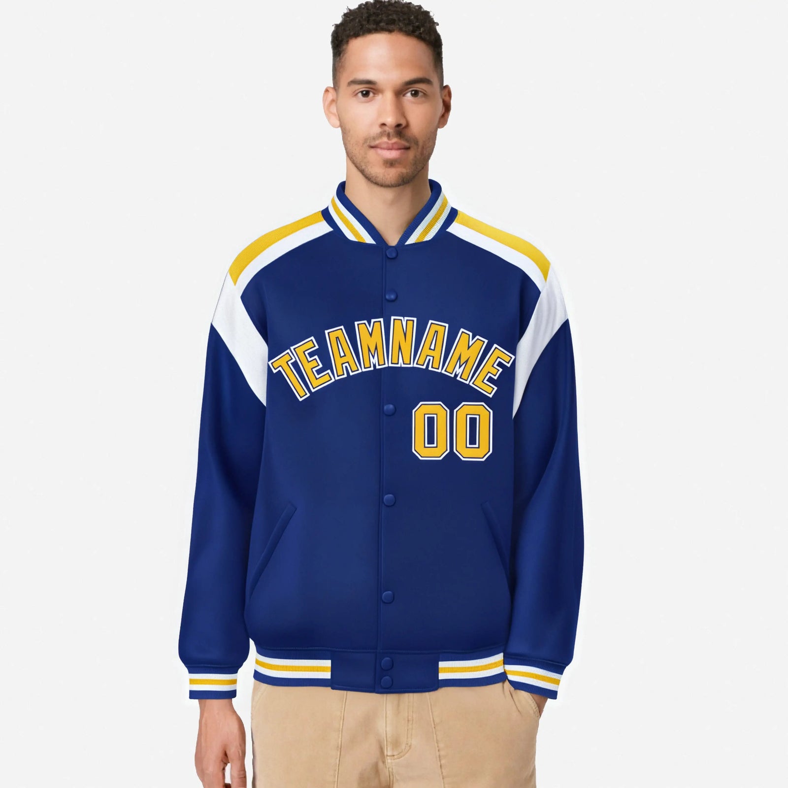 Custom Thunder Blue Yellow-White Bomber Full-Snap Varsity Letterman Shoulder Stripe Jacket