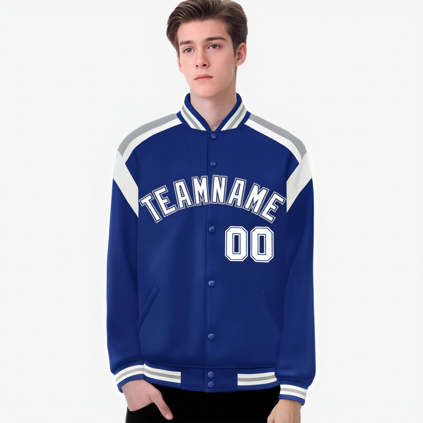 Custom Thunder Blue Gray-White Bomber Full-Snap Varsity Letterman Shoulder Stripe Jacket