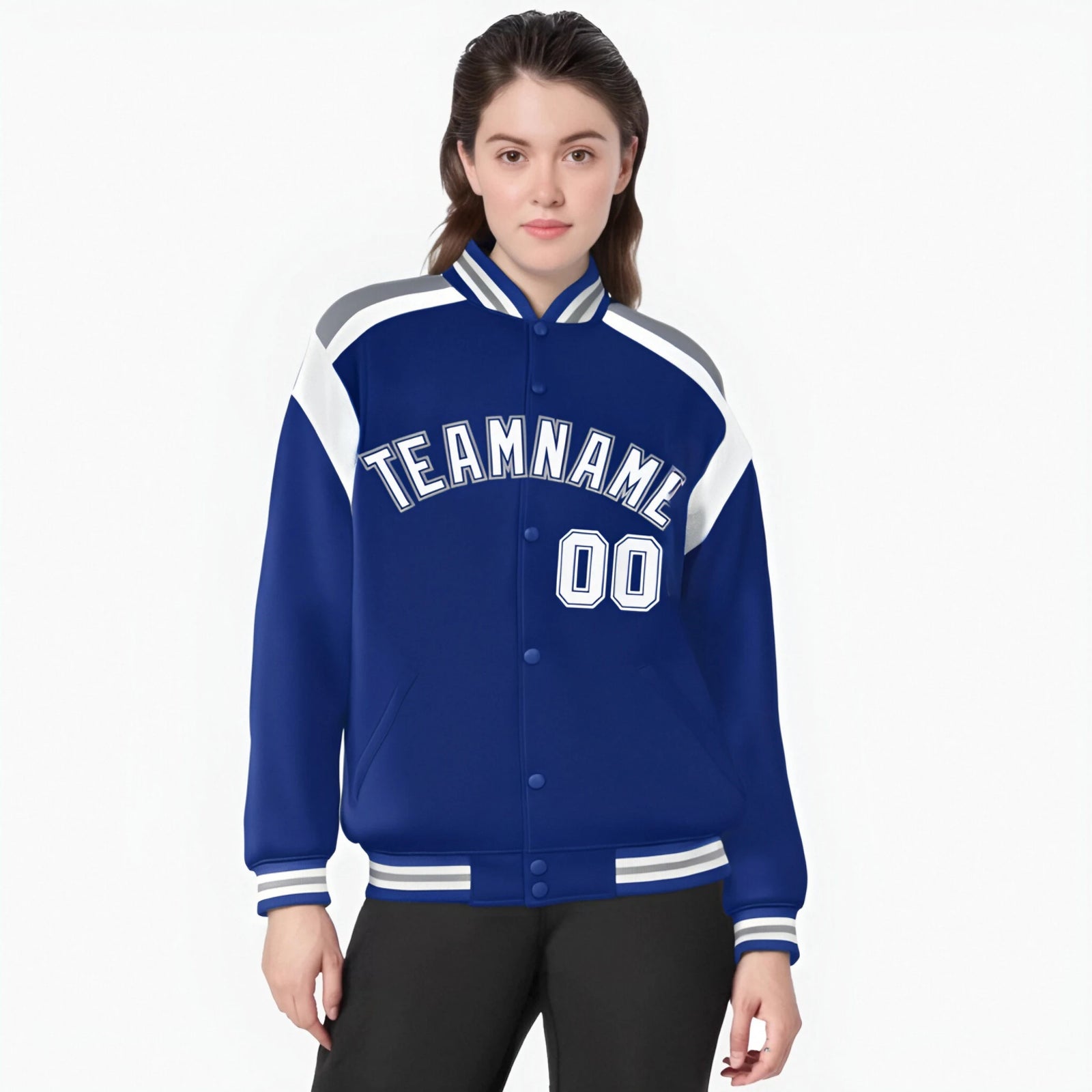 Custom Thunder Blue Gray-White Bomber Full-Snap Varsity Letterman Shoulder Stripe Jacket