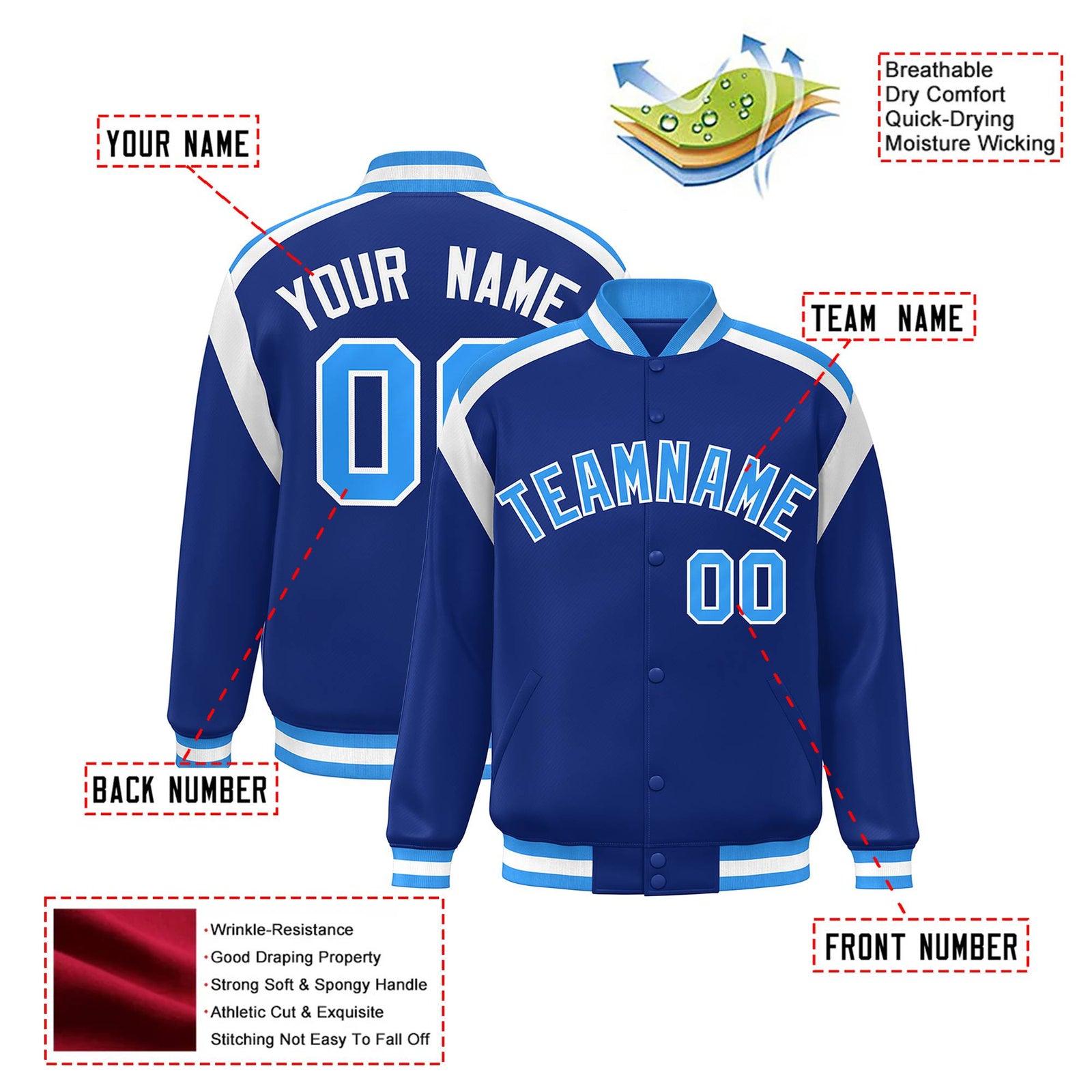 Custom Thunder Blue Light-Blue White Bomber Full-Snap Varsity Letterman Shoulder Stripe Jacket