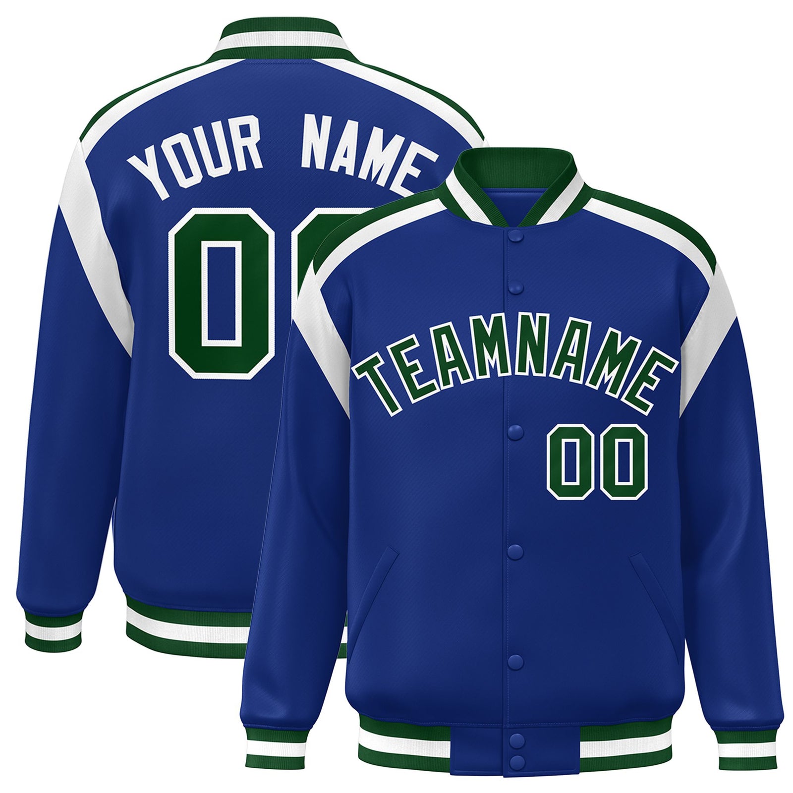 Custom Thunder Blue Green-White Bomber Full-Snap Varsity Letterman Shoulder Stripe Jacket