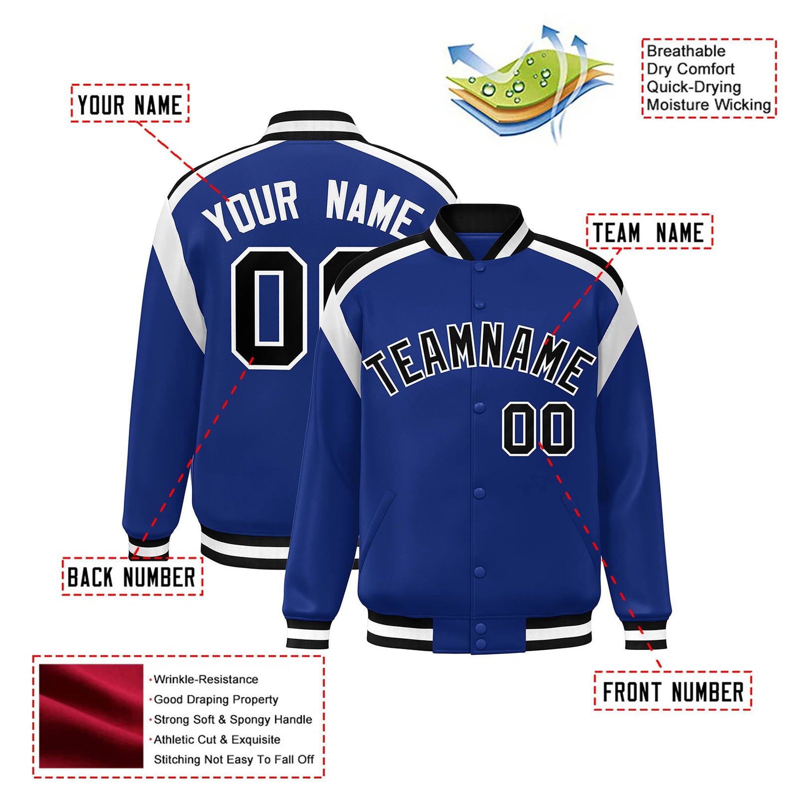 Custom Thunder Blue Black-White Bomber Full-Snap Varsity Letterman Shoulder Stripe Jacket