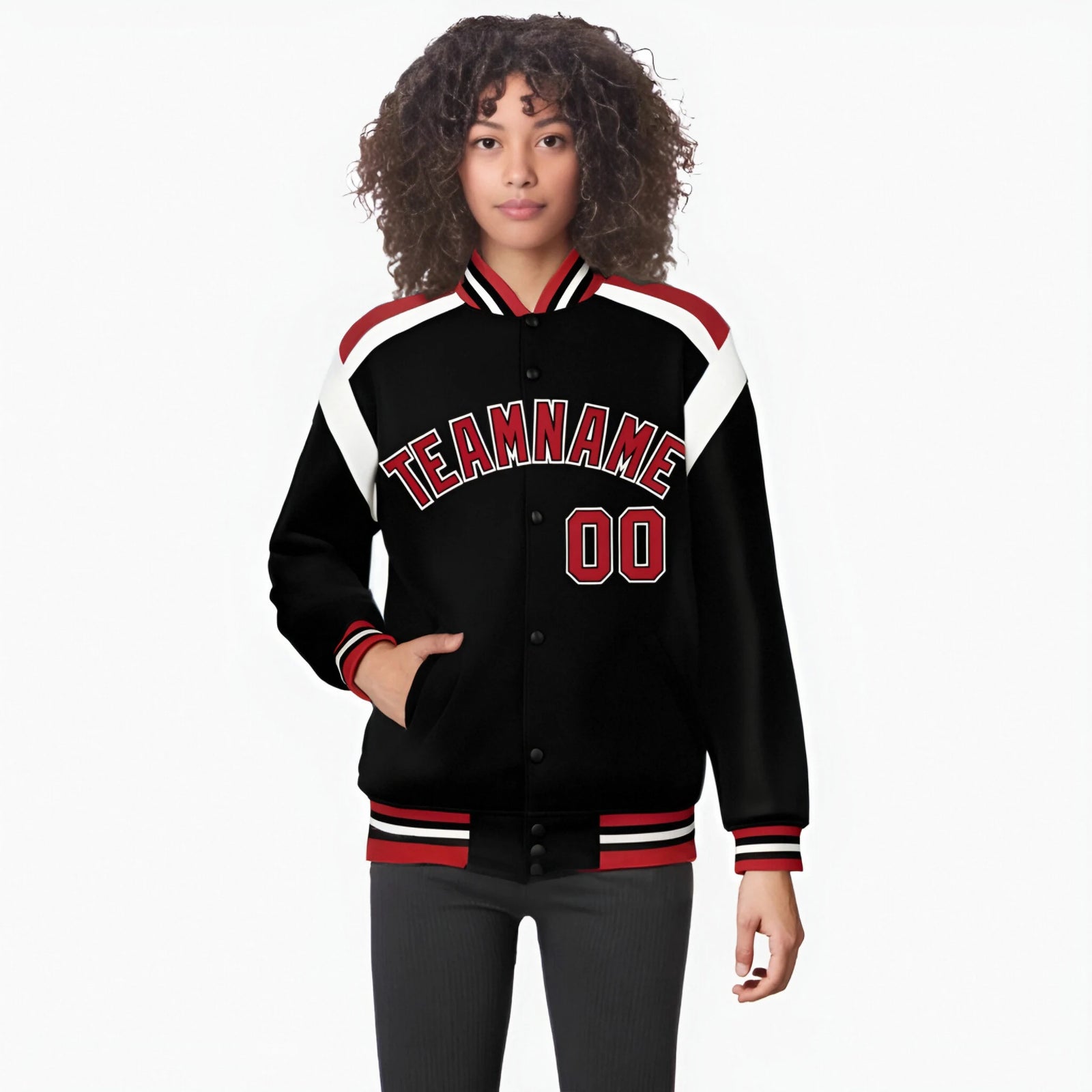 Custom Black Red-White Bomber Full-Snap Varsity Letterman Shoulder Stripe Jacket