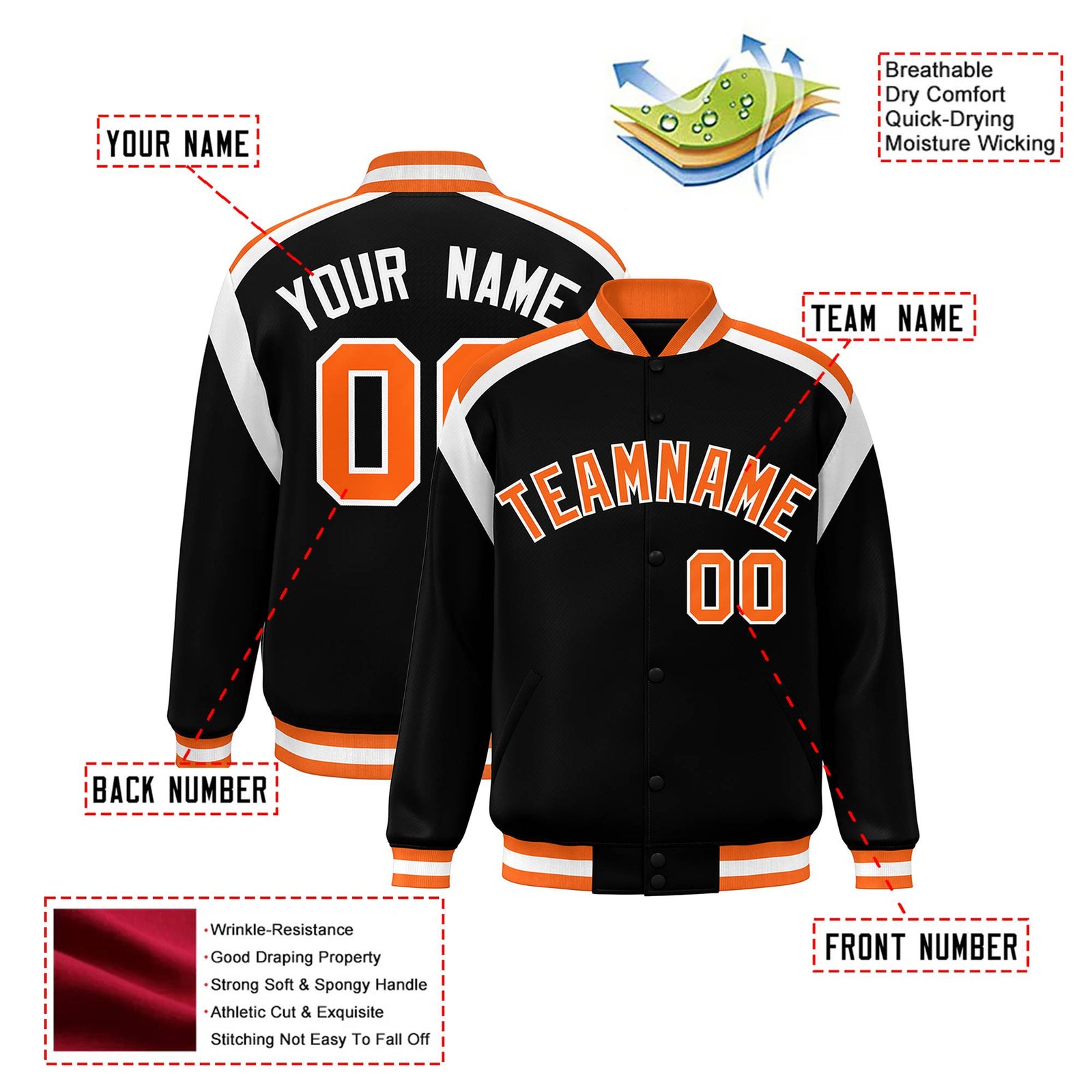 Custom Black Orange-White Bomber Full-Snap Varsity Letterman Shoulder Stripe Jacket