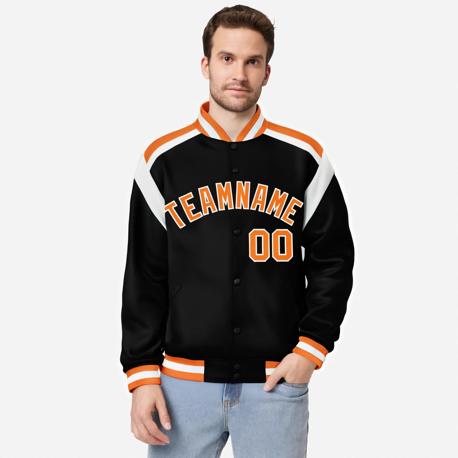 Custom Black Orange-White Bomber Full-Snap Varsity Letterman Shoulder Stripe Jacket
