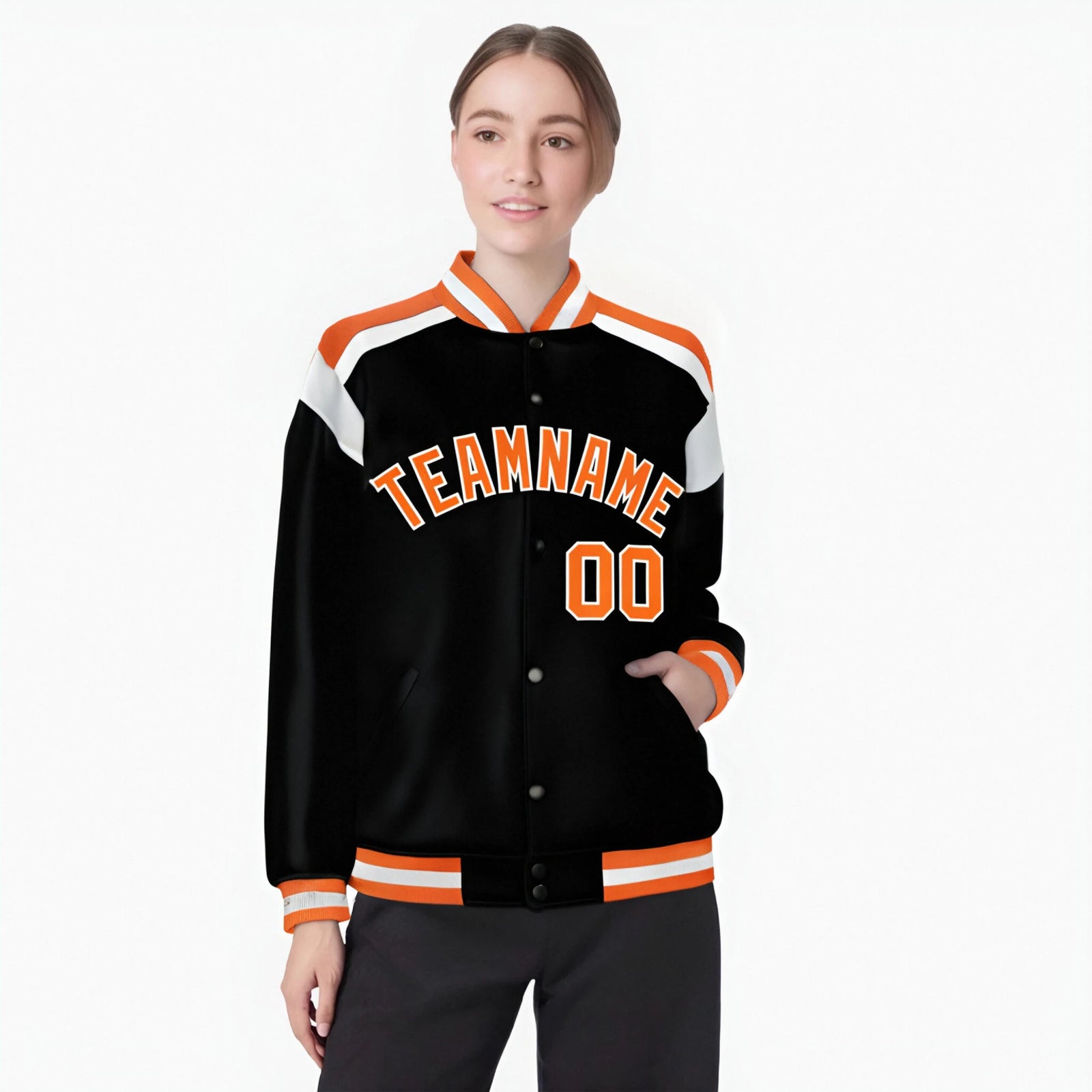 Custom Black Orange-White Bomber Full-Snap Varsity Letterman Shoulder Stripe Jacket