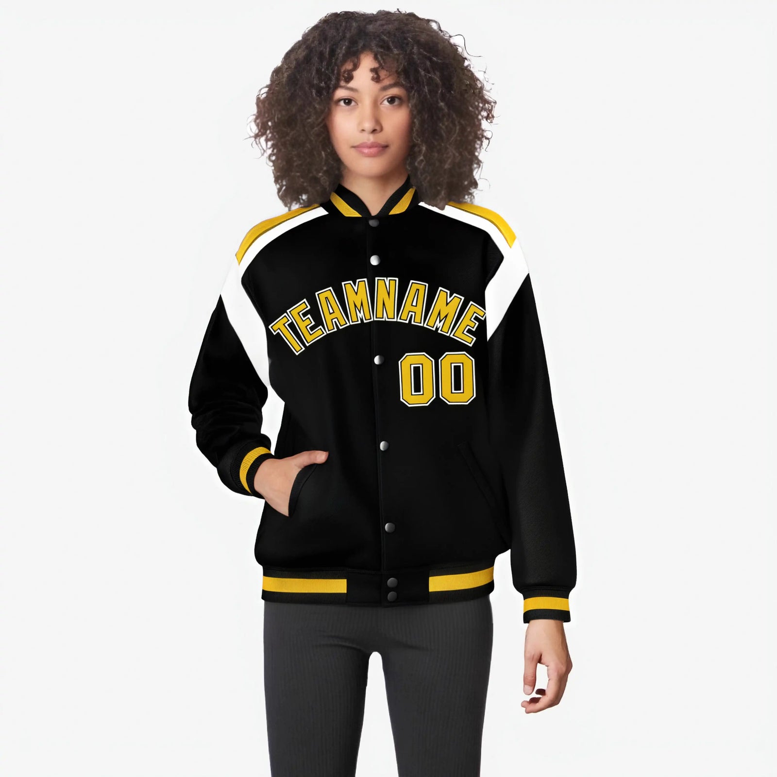 Custom Black Yellow-White Bomber Full-Snap Varsity Letterman Shoulder Stripe Jacket